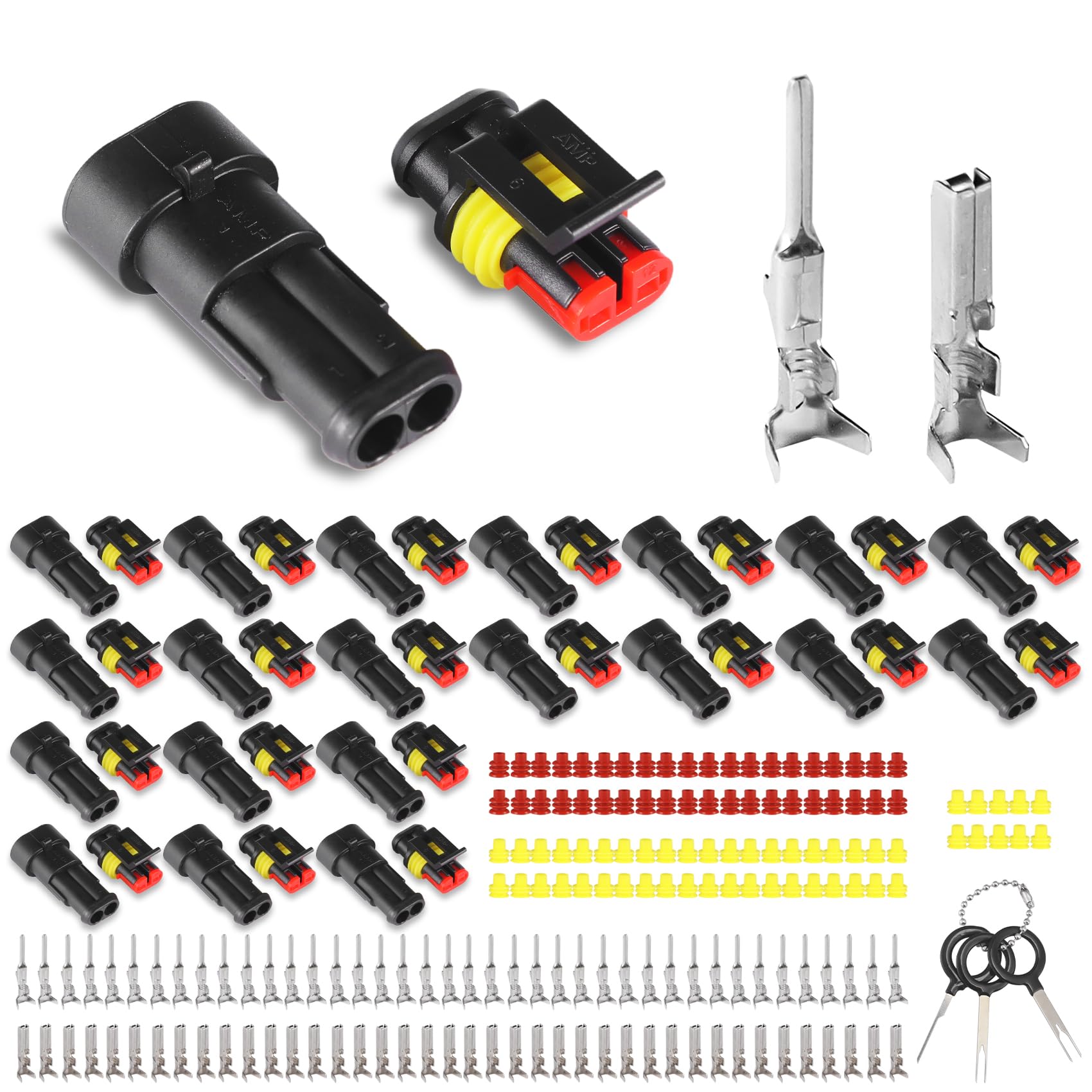 MUYI 20 Pcs 2 Pin Waterproof Electrical Connector Kit - Male & Female Automotive Wire Connectors with Pin Removal Tool for 16-20 AWG - Ideal for Car, Truck, Boat & Marine Wiring Applications