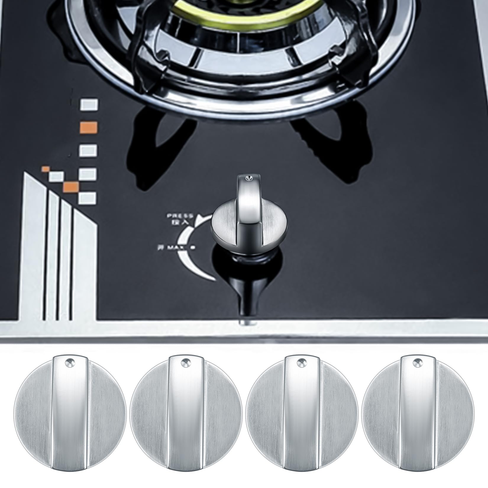 6 Pcs Gas Stove Control Knobs - 6mm Metal Cooker Knobs with Silver Adapters - Replacement Stove Knobs for Kitchen Ovens, Gas Hobs & Cooktops - Perfect for Upgrading Old or Damaged Stove Controls (Home Kitchen Use)