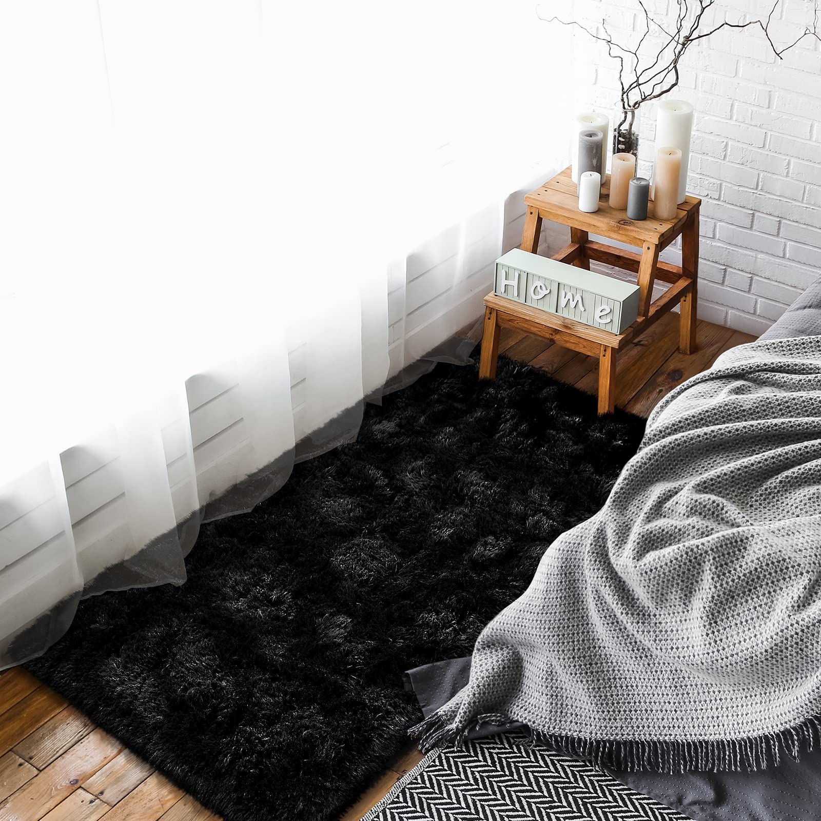 Keeko Soft Fluffy Shag Rug 2x4 Feet - Black Fuzzy Bedroom Runner for Kids Room, Nursery, Living Room & Dorm Decor | Cozy Indoor Area Carpet for Boys, Girls & Baby Rooms - Perfect for Bedside, Entryway & Play Areas
