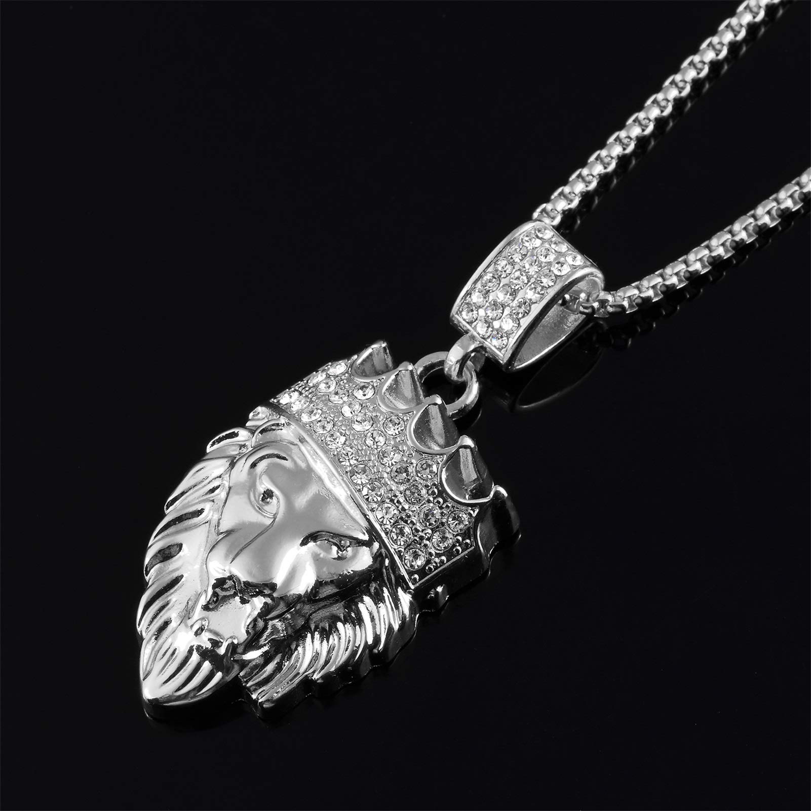 Hip Hop Jewelry Crown Lion Head Pendant - Iced Out Clear Rhinestones Cuban Chain Necklace for Men - Stainless Steel Hip Hop Bling Accessory for Rappers, Performers & Streetwear Fashion