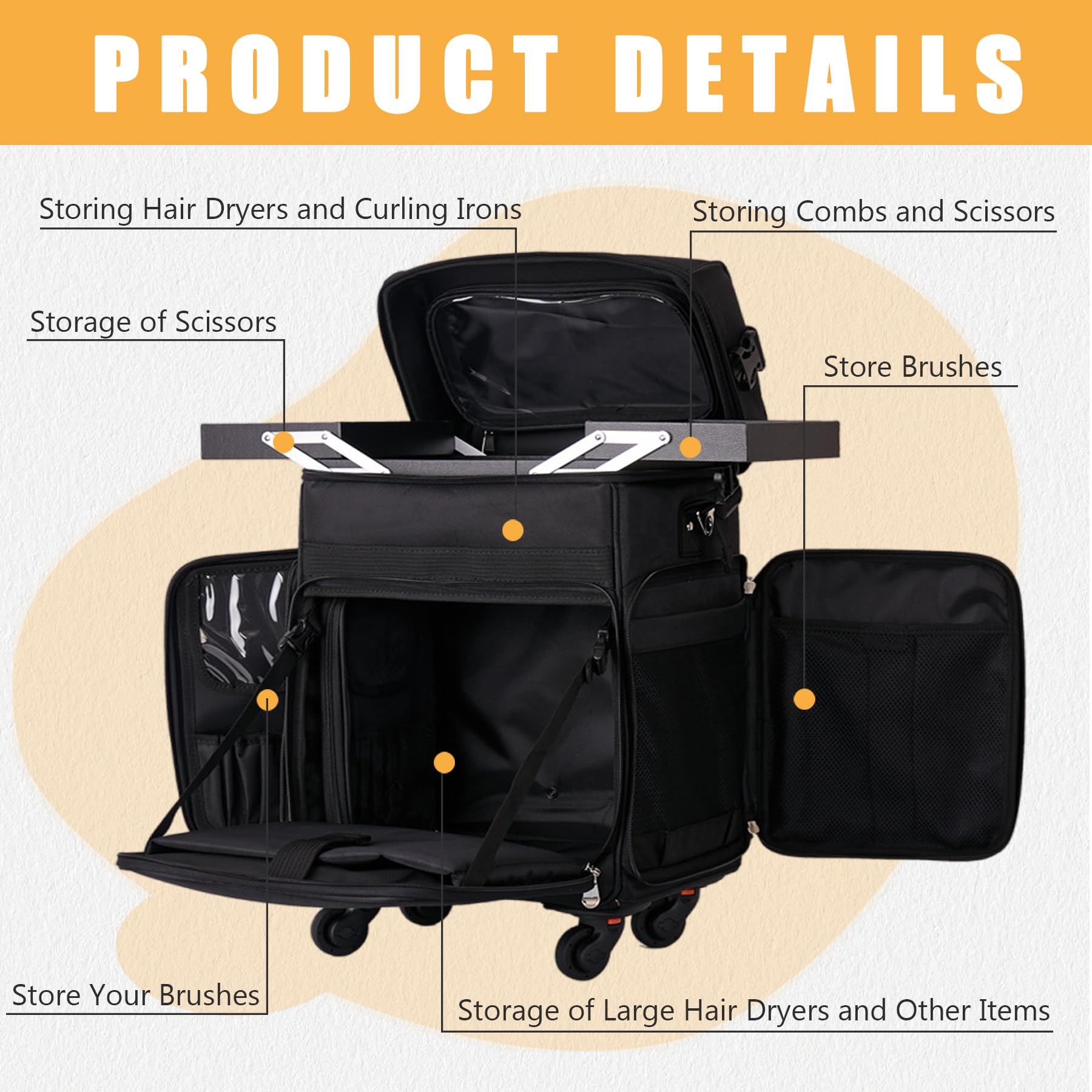 Professional Rolling Makeup Case with 2 Trays & 4 Silent Wheels - Portable Makeup Organizer for Hairstylists, Nail Salons & Beauty Professionals - Perfect for Travel, Salon Storage & Mobile Makeup Services (Black)