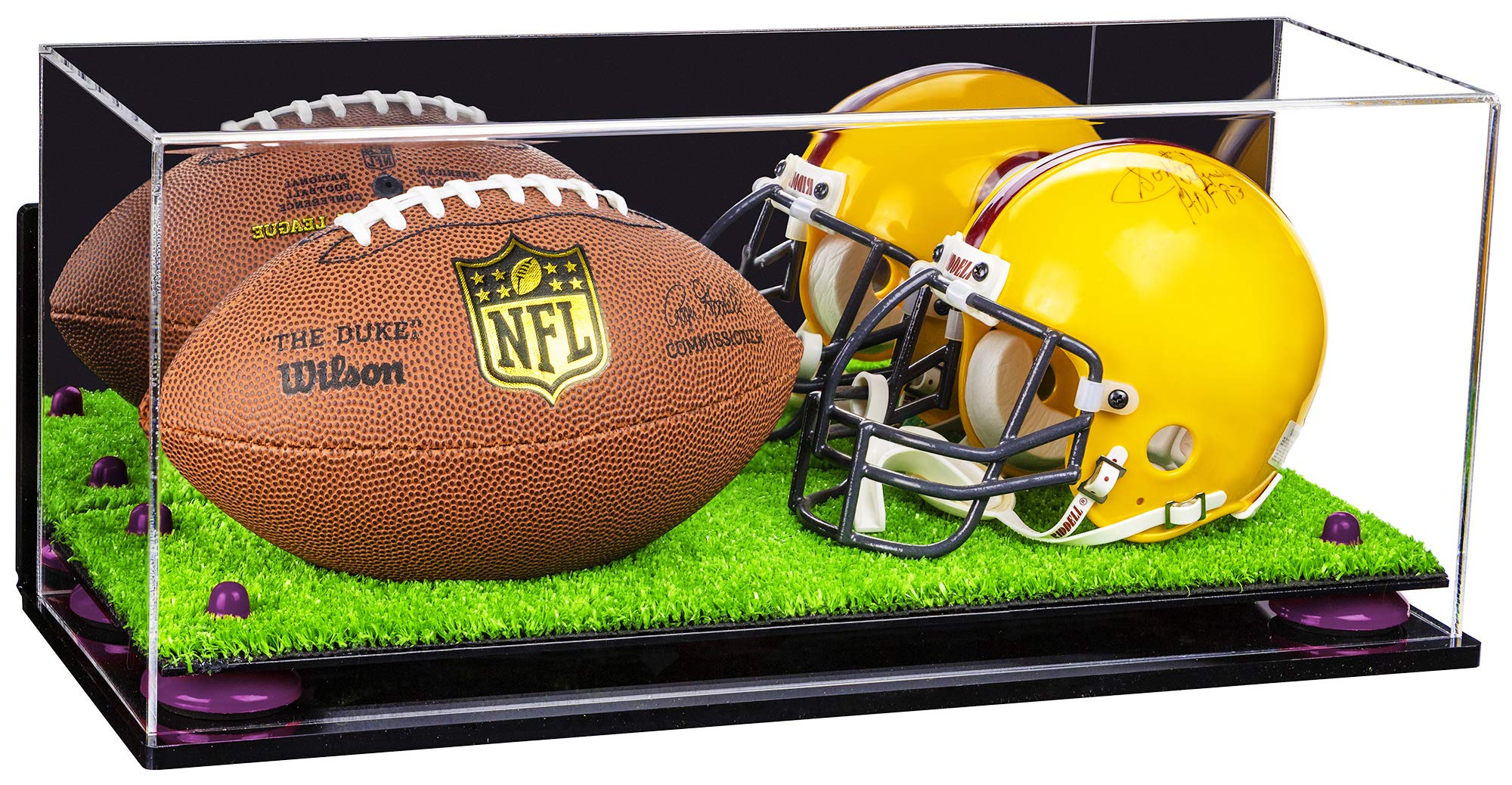 Premium Mini Helmet & Football Display Case with Risers - Showcase 2 Mini Helmets or Mini Football with Mini Helmet - Perfect for Collectors, Man Cave, Sports Memorabilia & Trophy Display