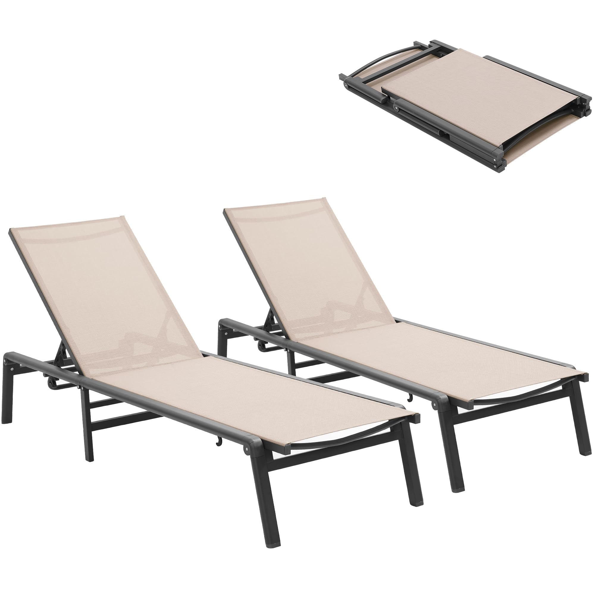 Premium Outdoor Aluminum Chaise Lounge Chairs Set of 2 - 5-Position Adjustable Backrest, No Assembly Required, Lightweight & Foldable for Easy Storage - Perfect for Poolside, Deck, Lawn, Beach & Patio Relaxation (Beige)