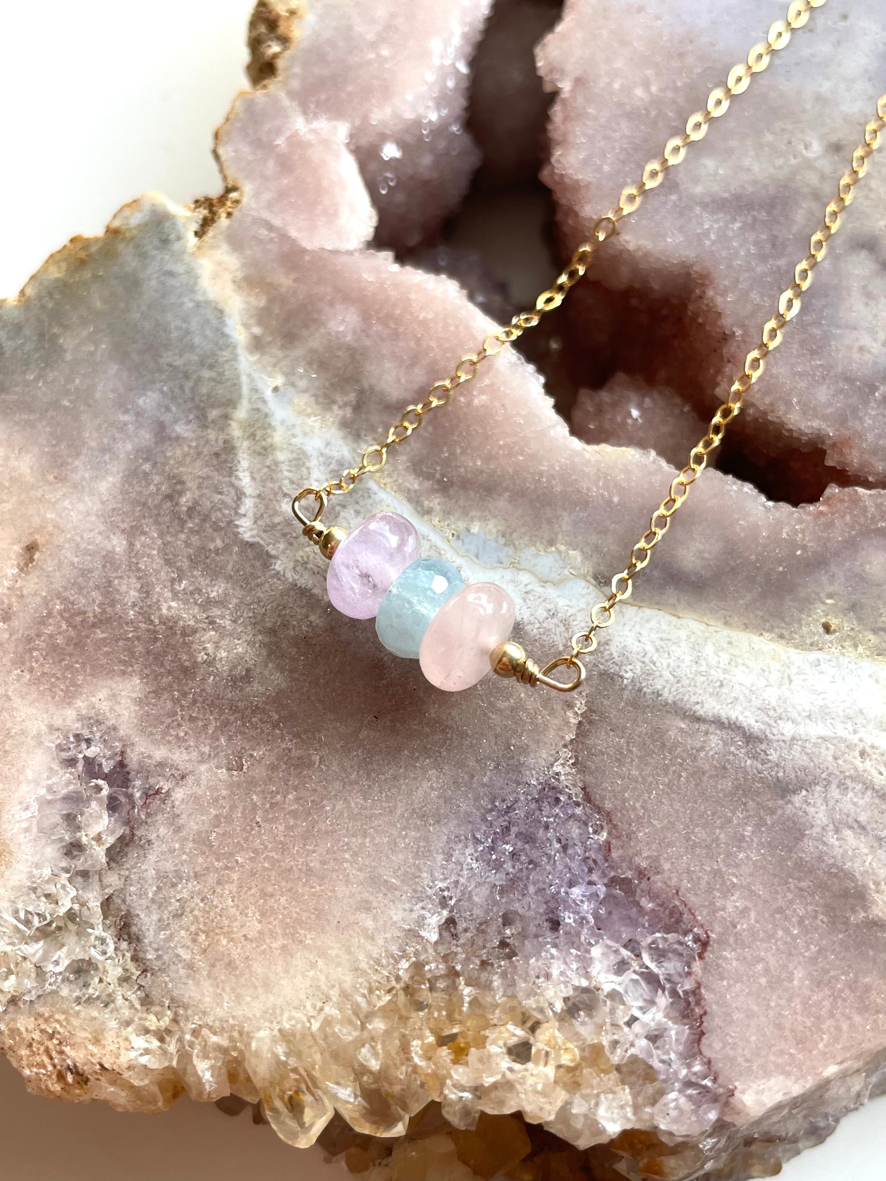 Amethyst Aquamarine Rose Quartz Gemstone Necklace - Silver or Gold Crystal Healing Jewelry for Women - Perfect for Meditation, Yoga & Spiritual Gifts