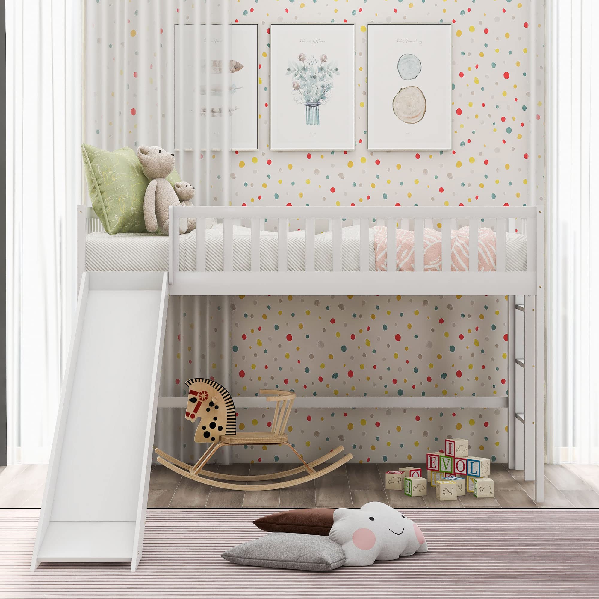 Bellemave Twin Size Wooden Loft Bed with Ladder & Slide - Kids Loft Bed with Safety Rails & Storage Space - Perfect for Small Bedrooms & Playrooms (White)
