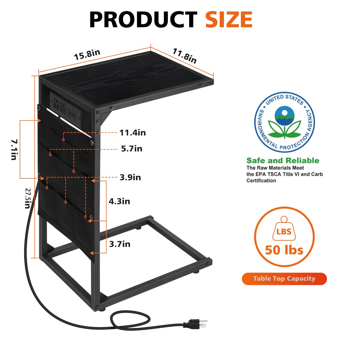 Set of 2 Modern C-Shaped End Tables with Built-in USB Charging Station - Snack Side Table, Sofa Sliding Table for Living Room & Bedroom - Space Saving Black Accent Furniture (Perfect for Small Spaces, Movie Nights & Remote Work)