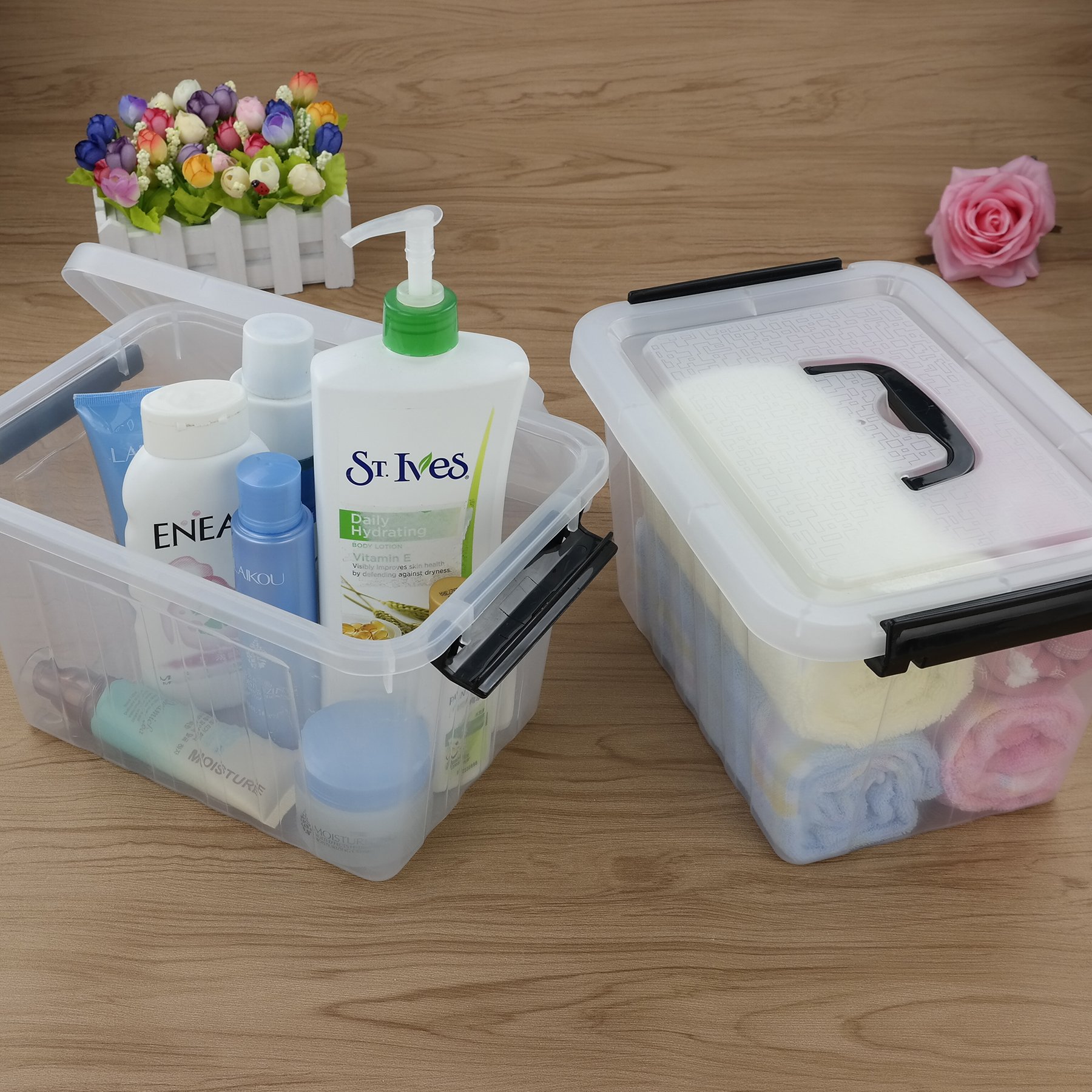 Kekow 6 Liter Clear Plastic Storage Box with Black Handles - 4 Pack Set for Home Organization, Kitchen Pantry, Office Supplies & Toy Storage
