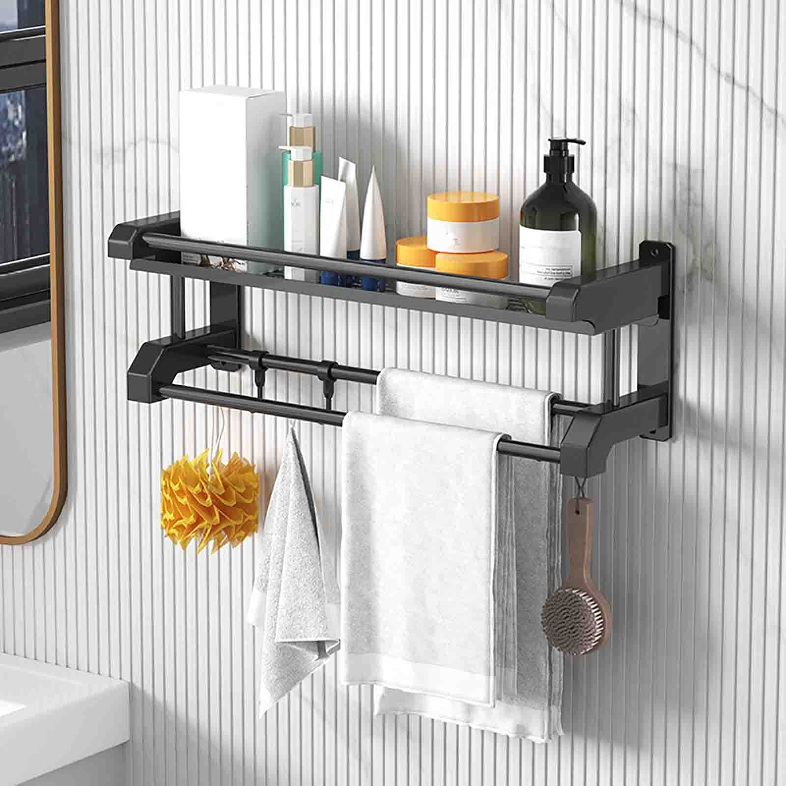 Stainless Steel Bathroom Towel Rack - Wall Mounted Multi Towel Bar with Hooks for Bathroom, Kitchen & Hotel Use - Single Layer 50cm Storage Shelf for Hand Towels, Washcloths & Robes