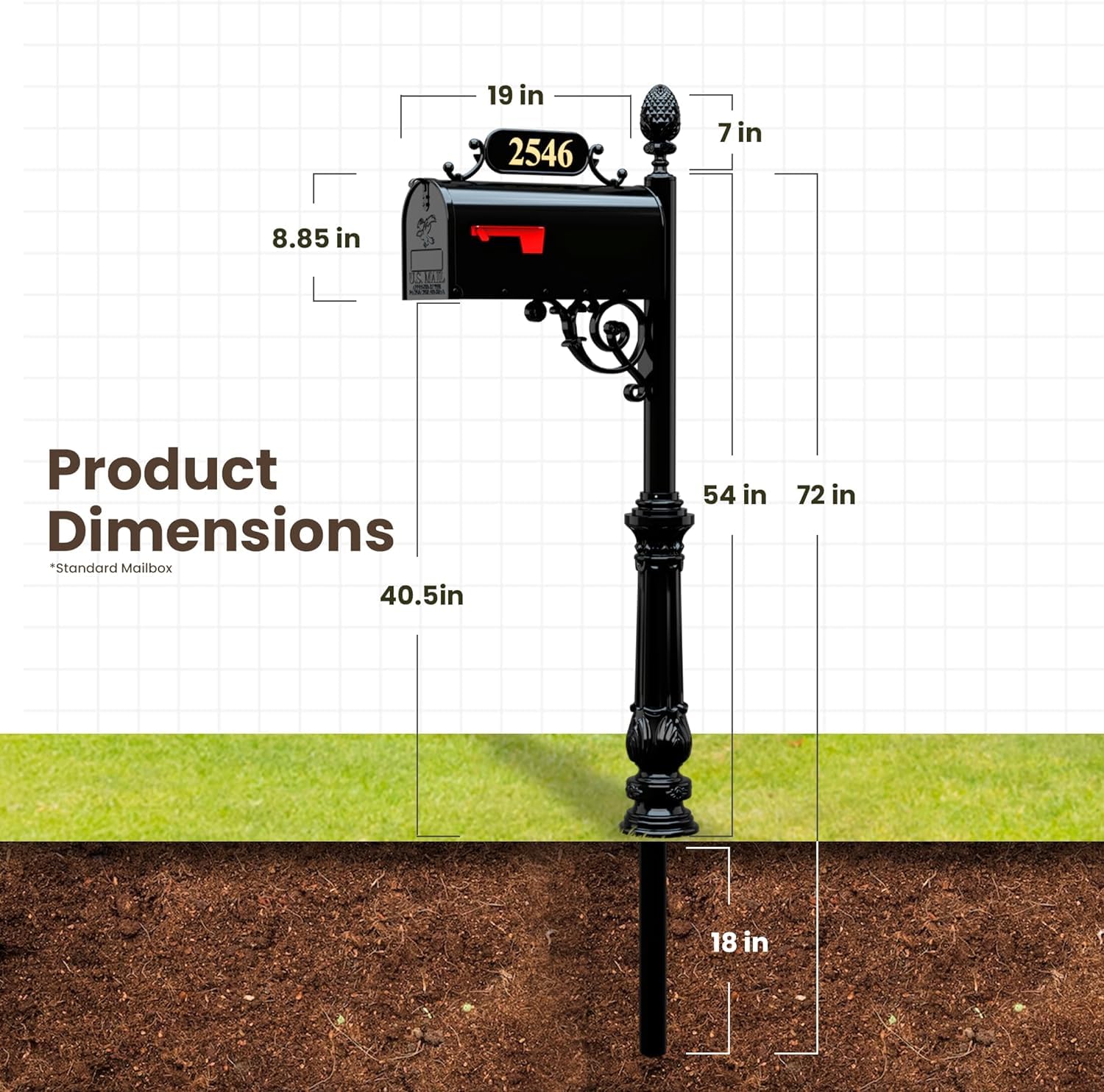 Black Rust-Resistant Charleston Mailbox & Post System with Address Plaque, Numbers & Scroll - Durable Outdoor Mailbox for Homes, Farms & Rural Properties - Includes Mounting Hardware (Standard Size)