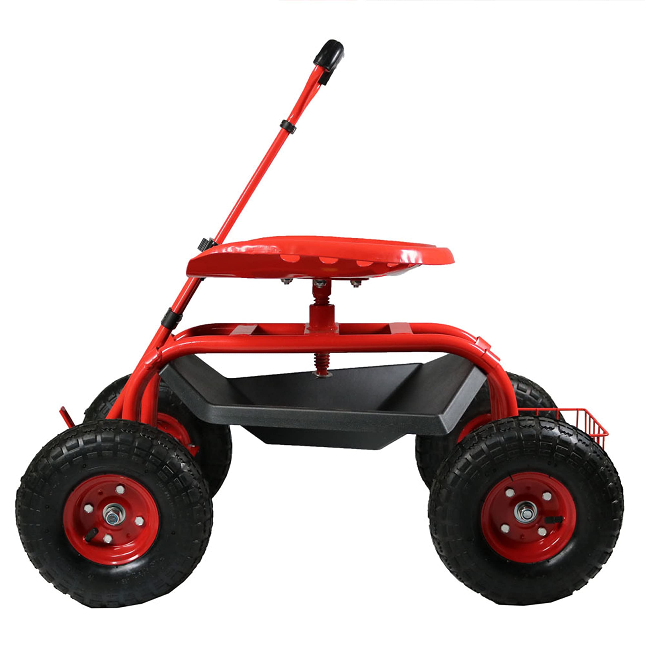 Sunnydaze Heavy Duty Garden Cart with Extendable Handle & Swivel Seat - Utility Rolling Scooter with Storage Basket - Outdoor Yard Work, Gardening & Home Improvement - Red