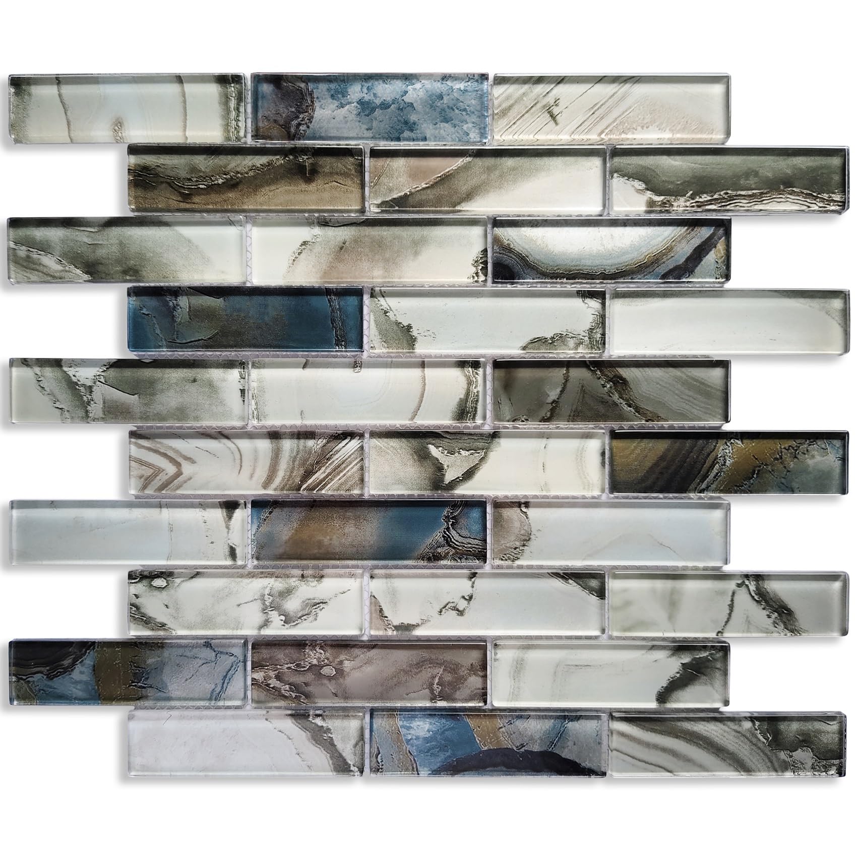 Premium Blue Grey Glass Mosaic Backsplash Tiles - Interlocking Gemstone Look Wall Tiles for Kitchen, Bathroom & Fireplace Decor (5 Sheets/Pack) - Perfect for Modern Home Renovation & DIY Projects