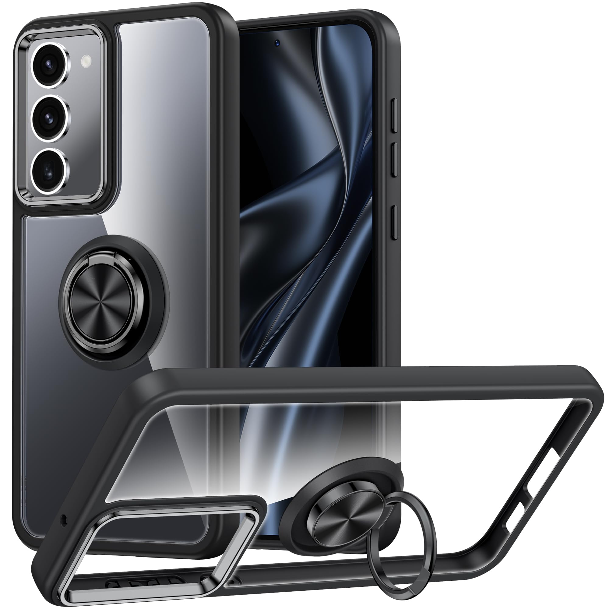 Premium Shockproof Clear Phone Case for Samsung Galaxy S23 Plus 5G (6.6 Inch) - Slim Lightweight Protective Cover with Ring Stand (Black Clear) | Perfect for Work, Travel & Everyday Protection