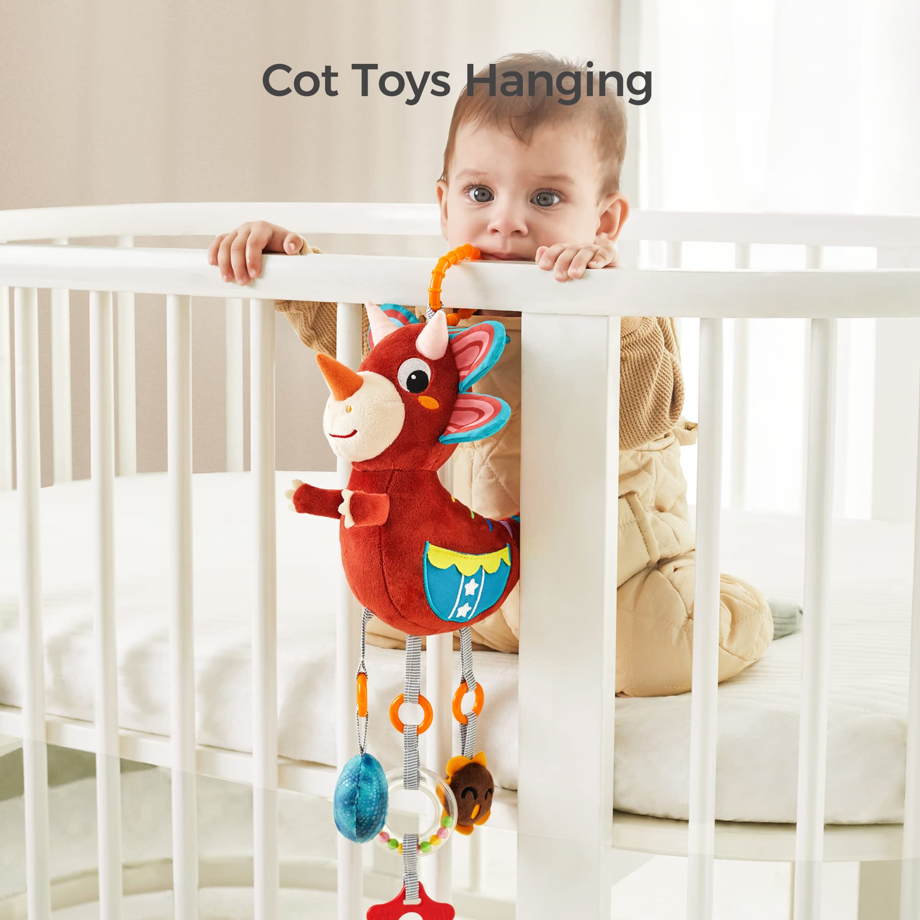 TUMAMA Baby Car Seat Toys for 3-12 Months - Dinosaur Hanging Toys with Wind Chimes, Rattle Beads & Teether - Removable Stroller, Crib & Gym Mat Mobile Plush Toys for Newborn Boys & Girls - Perfect for Travel, Playtime & Sensory Development