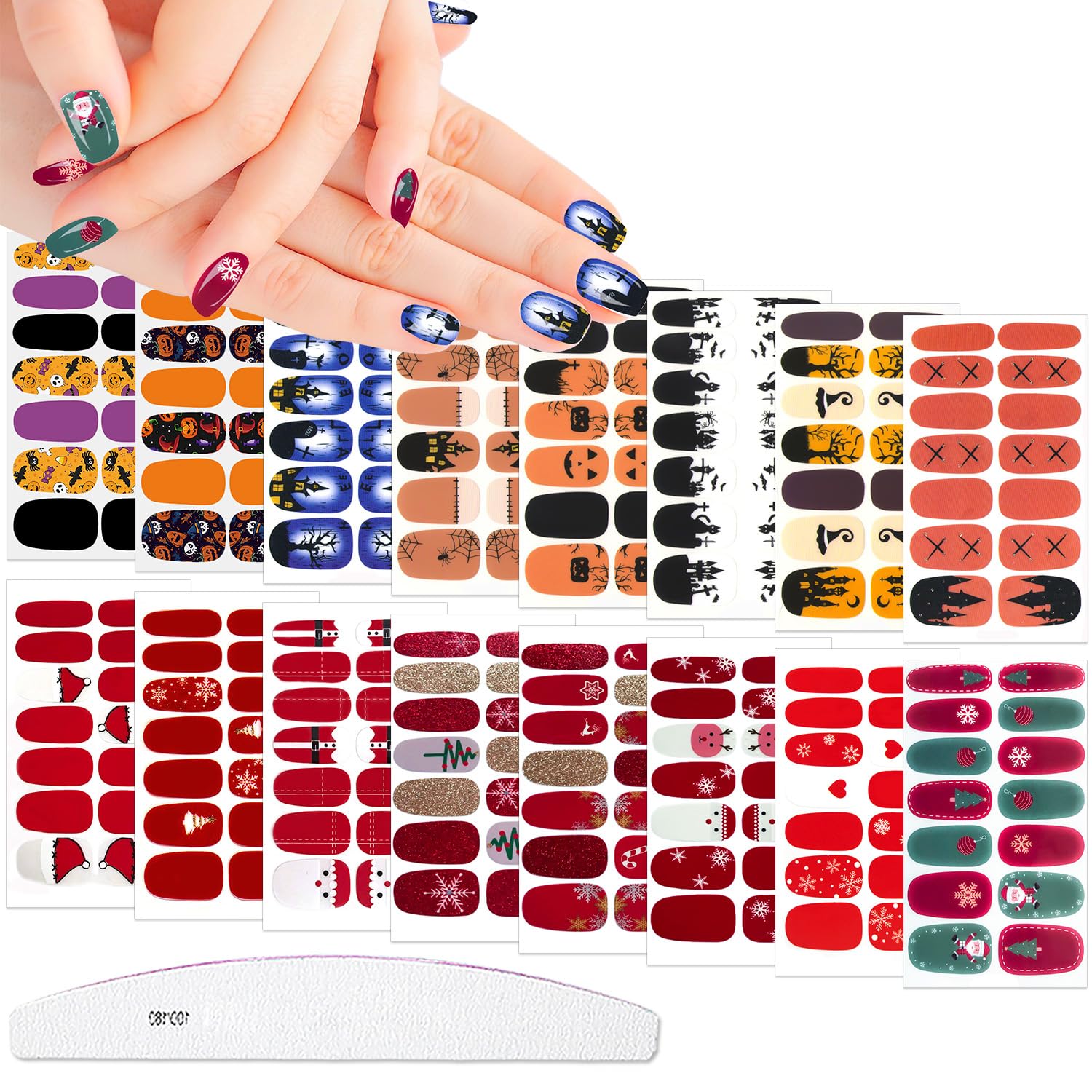 224-Piece Christmas & Halloween Nail Polish Strips Kit - 16 Self-Adhesive Nail Wraps with Nail File for Women & Girls | DIY Manicure Set, Party Nail Art Decals, Holiday Gift Idea for Christmas, Halloween & Special Occasions | Perfect for Home Manicures, Girls' Night Out, Birthday Parties & Festive Celebrations
