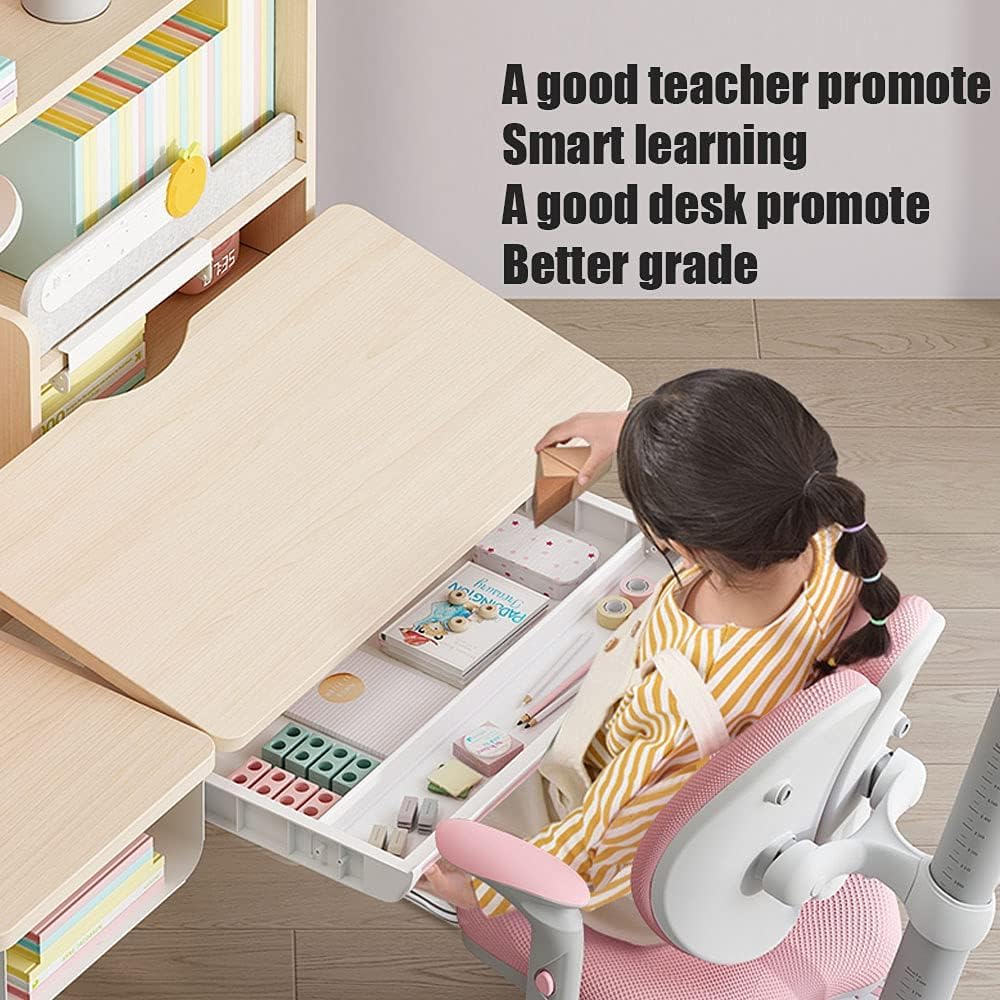 Adjustable Height Kids Desk and Chair Set - Ergonomic Wooden Study Table with Tiltable Desktop, Pull-Out Drawer, Bookshelf Hutch & Tablet Holder - Perfect for Homeschooling, Online Learning & Children's Bedroom (Blue)