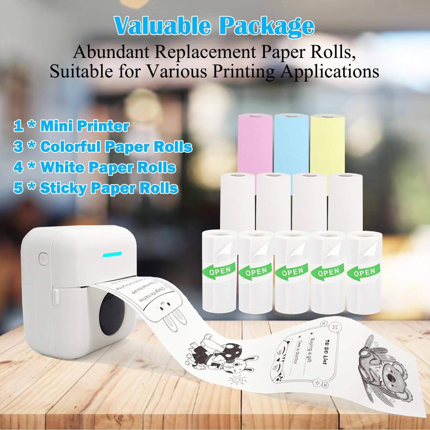 Mini Portable Inkless Thermal Printer - Wireless Sticker & Label Maker for Notes, Photos, Receipts | Includes 12 Rolls Paper | iPhone, Android, Tablet Compatible | Perfect for Home, Office & Travel Organization (White)