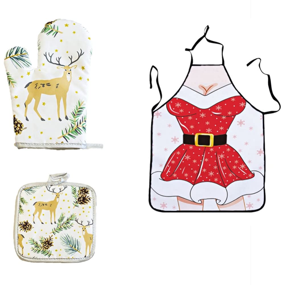 Christmas Snowman Oven Mitts and Potholders Set - 3-Piece Non-Slip BBQ Gloves for Cooking, Baking & Grilling - Festive Kitchen Accessories with Apron - Perfect Holiday Gift for Home Chefs (White) - Ideal for Christmas Baking, Holiday Cooking & Kitchen Decor
