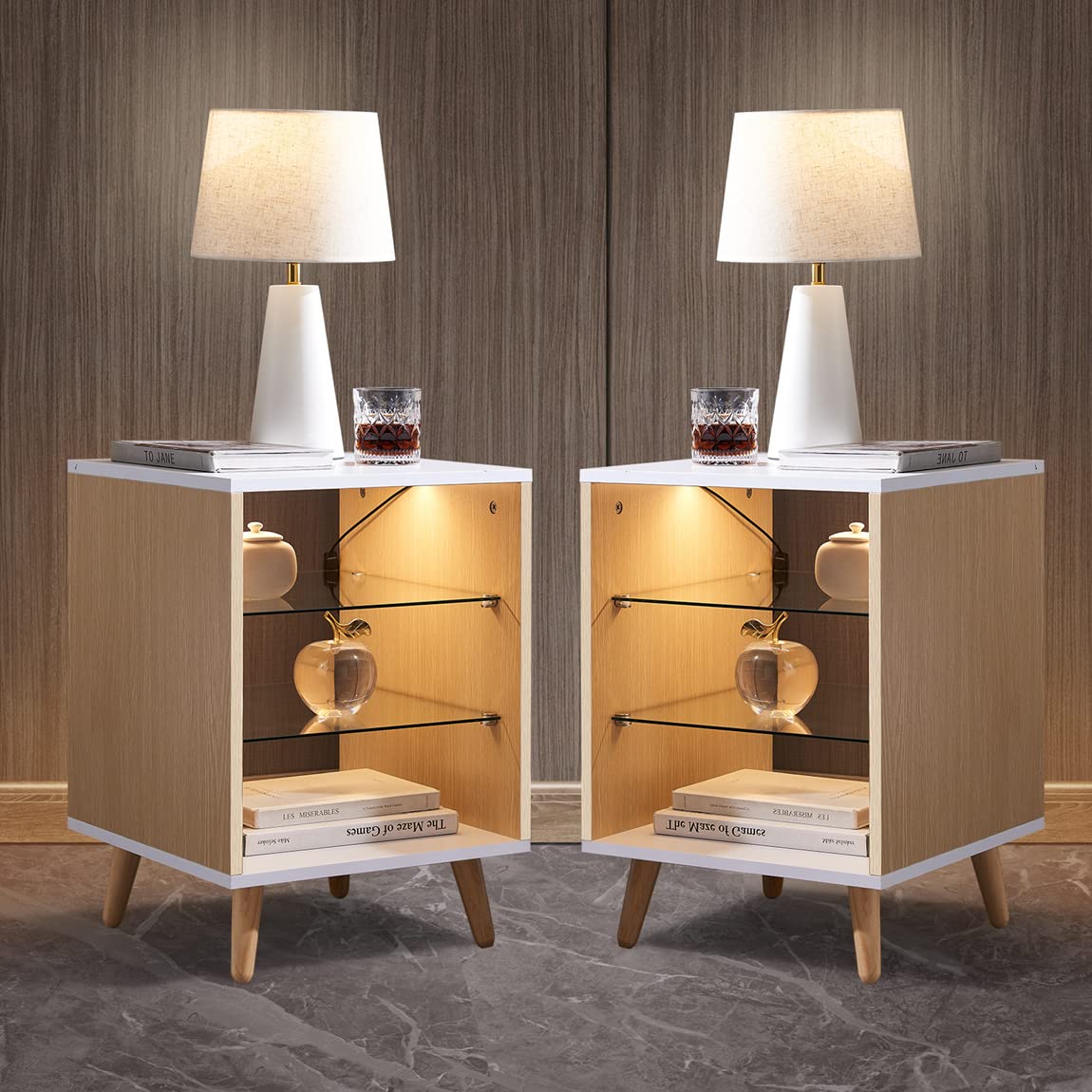 2-Piece Nightstand Set with 3 Drawers & LED Lights - Wooden Bedside Tables with Glass Shelf for Bedroom, Living Room - Sturdy Wood Frame in White Finish - Perfect for Small Spaces & Apartment Living