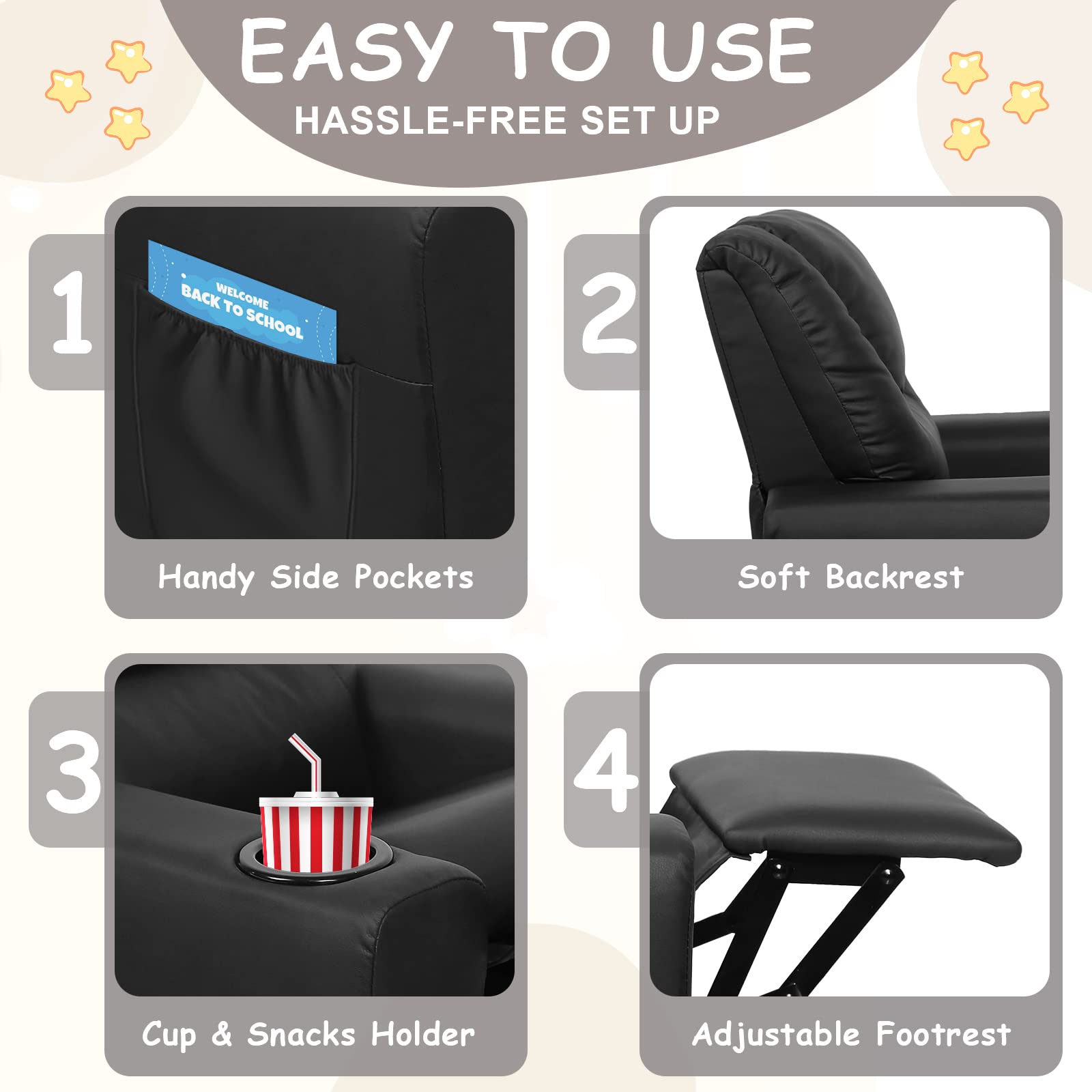 **Kids Recliner Chair for Toddlers 1-4 Years - Soft Toddler Sofa with Cup Holder & Side Pockets - Comfortable Children's Reclining Couch for Bedroom & Living Room - Perfect for Playtime, Naps & Movie Nights (Black)**