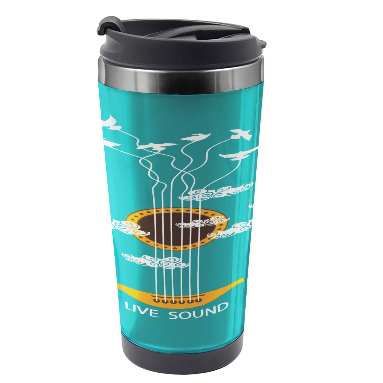 Ambesonne Guitar Themed Travel Mug - 16 oz Stainless Steel Thermal Cup with Abstract Music & Birds Design - Ideal for Coffee, Tea & Hot Drinks On The Go - Turquoise Marigold White