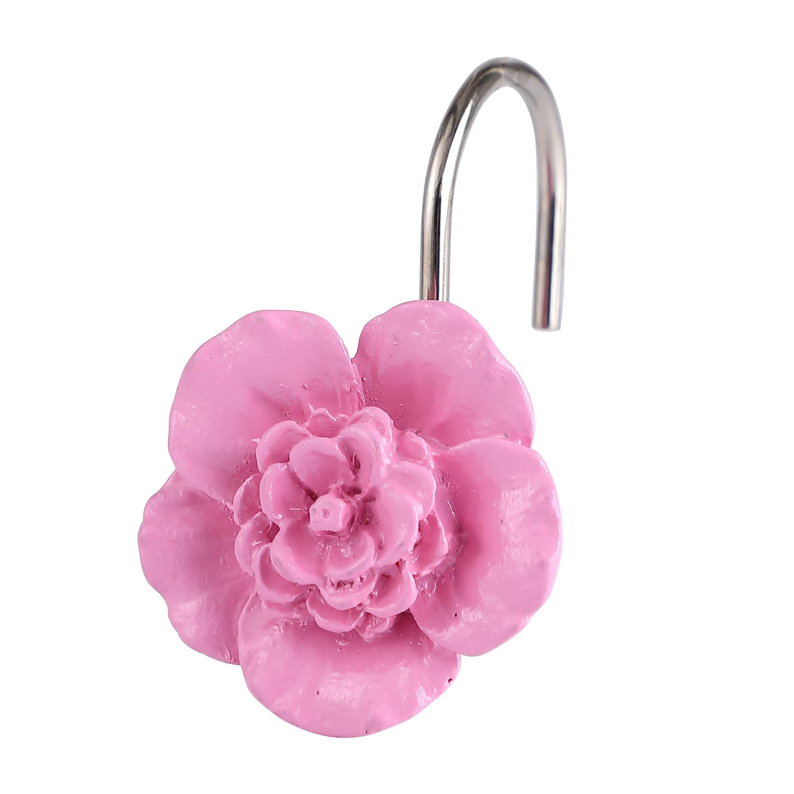 Twofish Home Pink Flower Design Shower Curtain Hooks - Set of 12 Decorative Bathroom Accessories for Shower, Bathtub, and Window Curtains