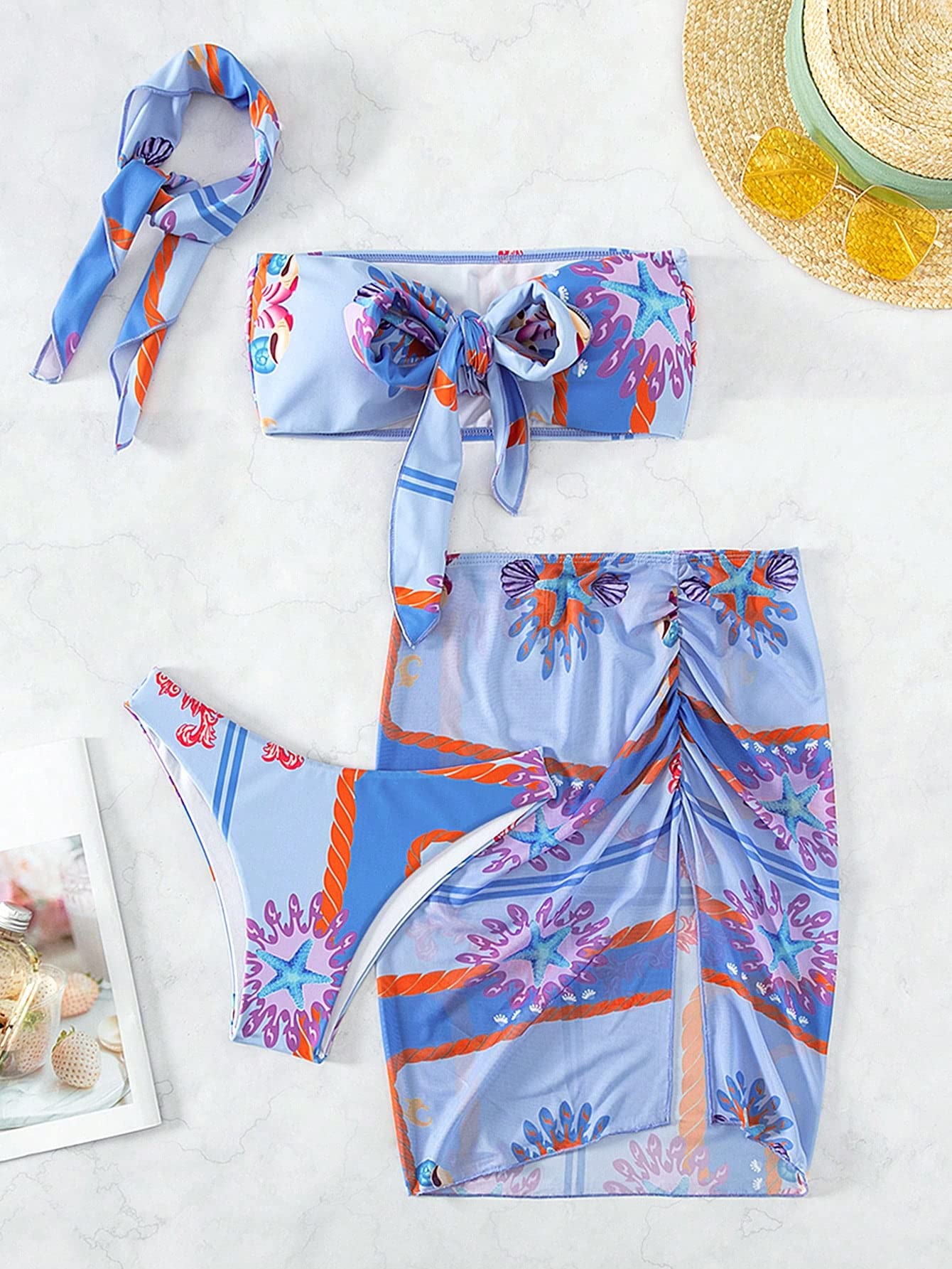 WDIRARA Women's 4-Piece Floral Print Bikini Set - Tie Front Swimsuit, Beach Skirt & Headband for Summer Vacation, Pool Party, and Tropical Getaway