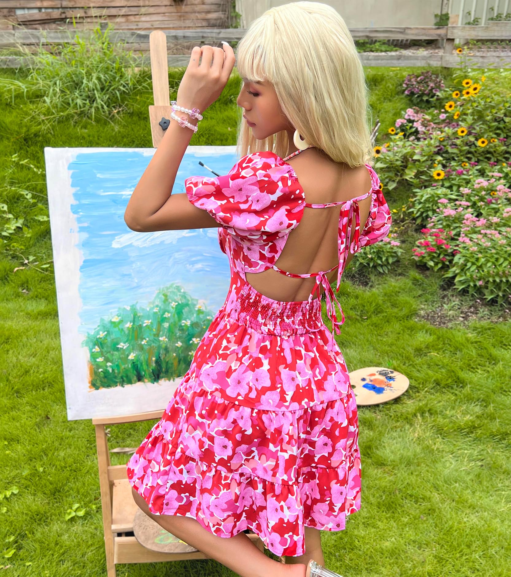 Floral Sweetheart Neckline Sundress for Women - Summer Cocktail Party Bodycon Dress with Puff Sleeves | Wedding Guest, Beach Vacation & Date Night Outfit