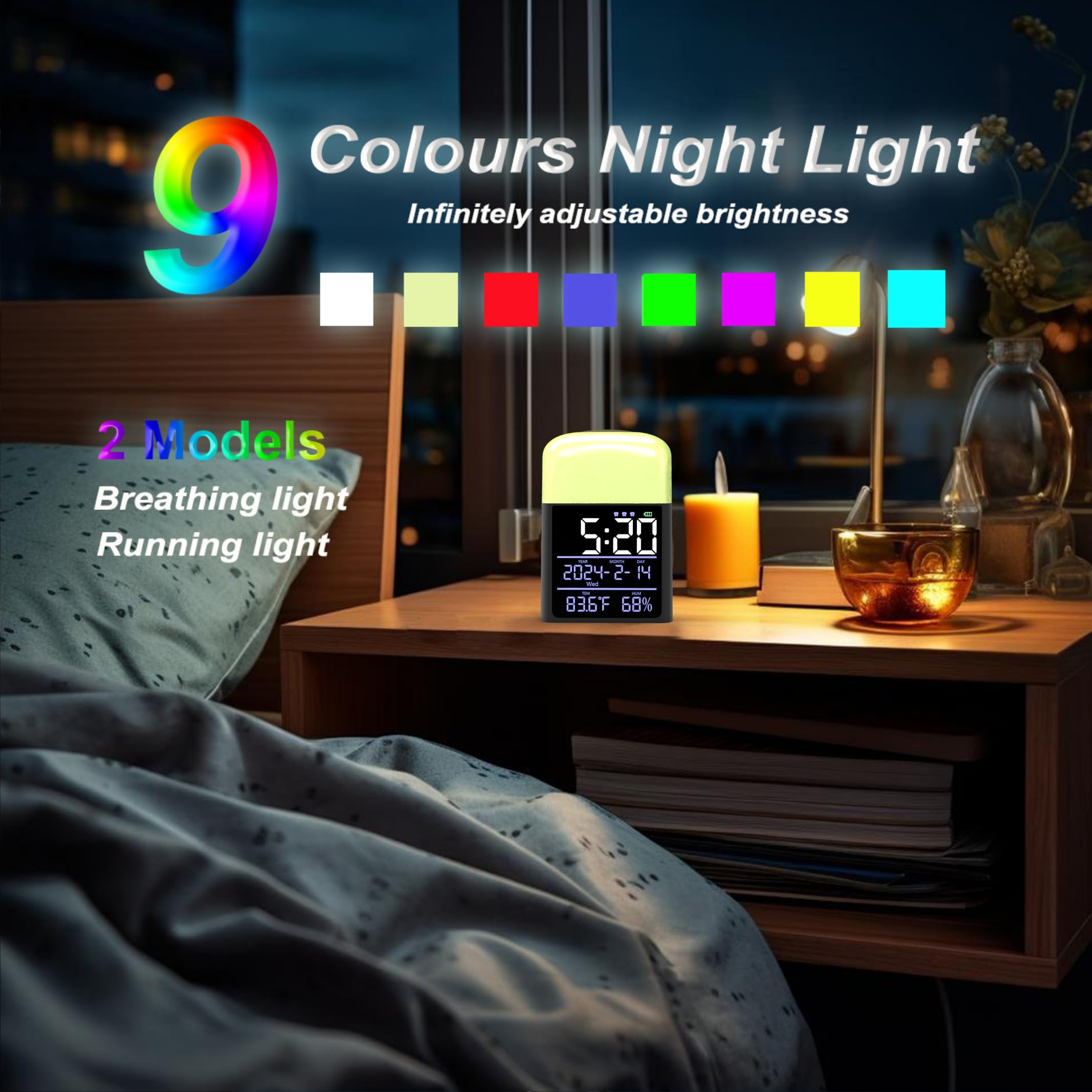 Digital Alarm Clock with Night Light for Kids - Wake Up Light Clock with Loud Alarm, Large Display & 9 Color Changing LED Table Lamp - Eye Protection Desk Lamp for Bedroom, Reading & Study - Includes Power Adapter (Grey)