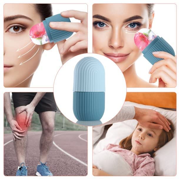 Cooling Ice Face Roller Massager - Reusable Silicone Ice Cube Roller for Puffy Eyes, Neck & Migraine Relief | Skin Care & De-Puffing Tool | Perfect for Morning Routine & Post-Workout Recovery (Blue)