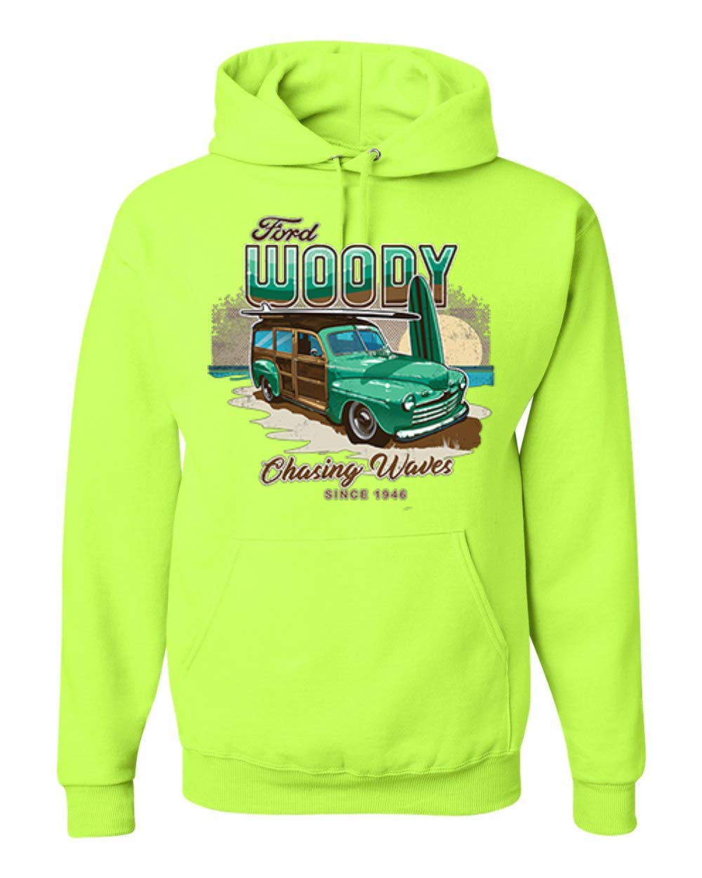 Wild Bobby 1946 Vintage Ford Woody Chasing Waves Graphic Hoodie - Retro Cars & Trucks Unisex Sweatshirt for Men & Women - Perfect for Beach Outings, Car Shows & Casual Streetwear