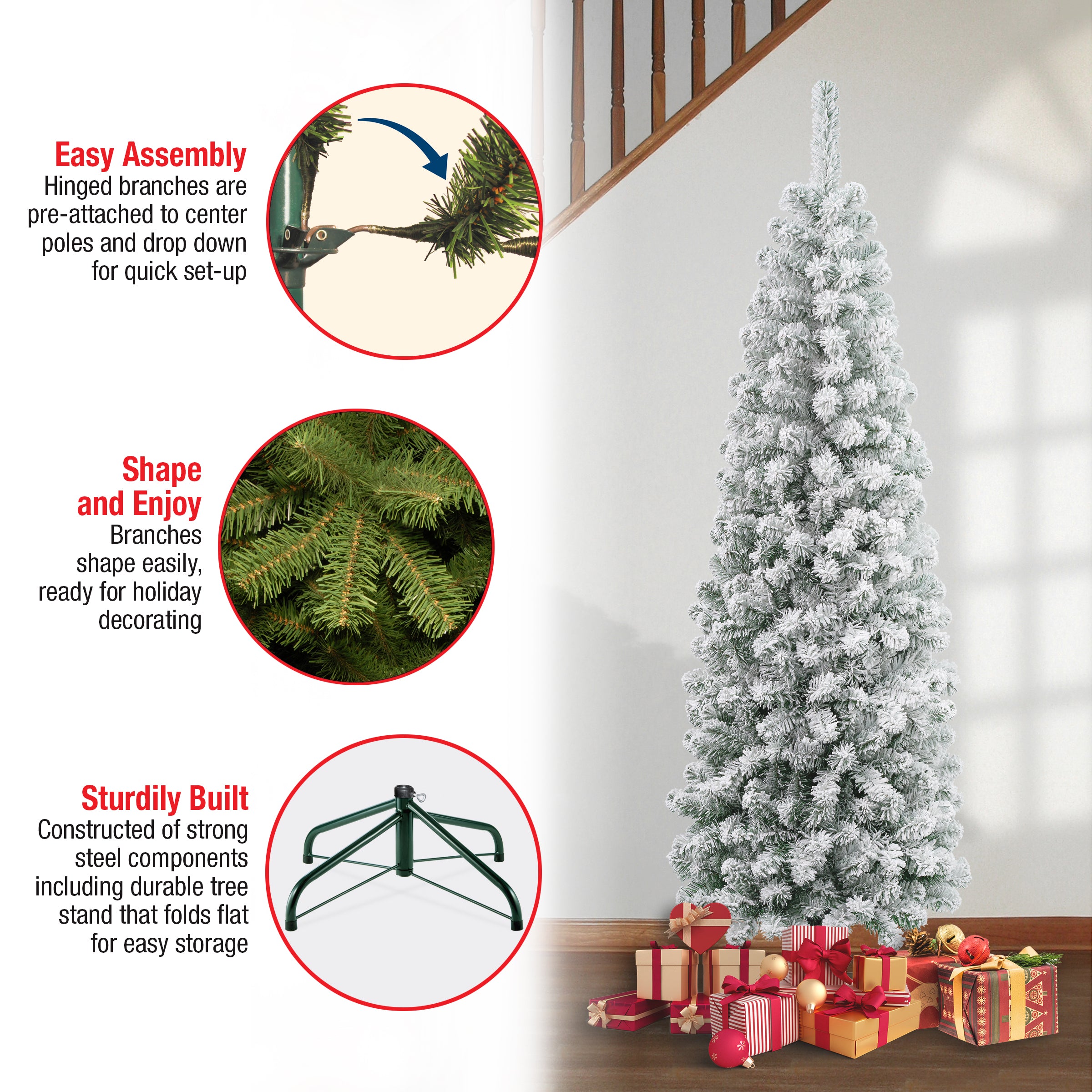 6 ft. Acacia Pencil Slim Flocked Christmas Tree - Perfect for Small Spaces, Apartments & Office Decor | Holiday Home Decoration