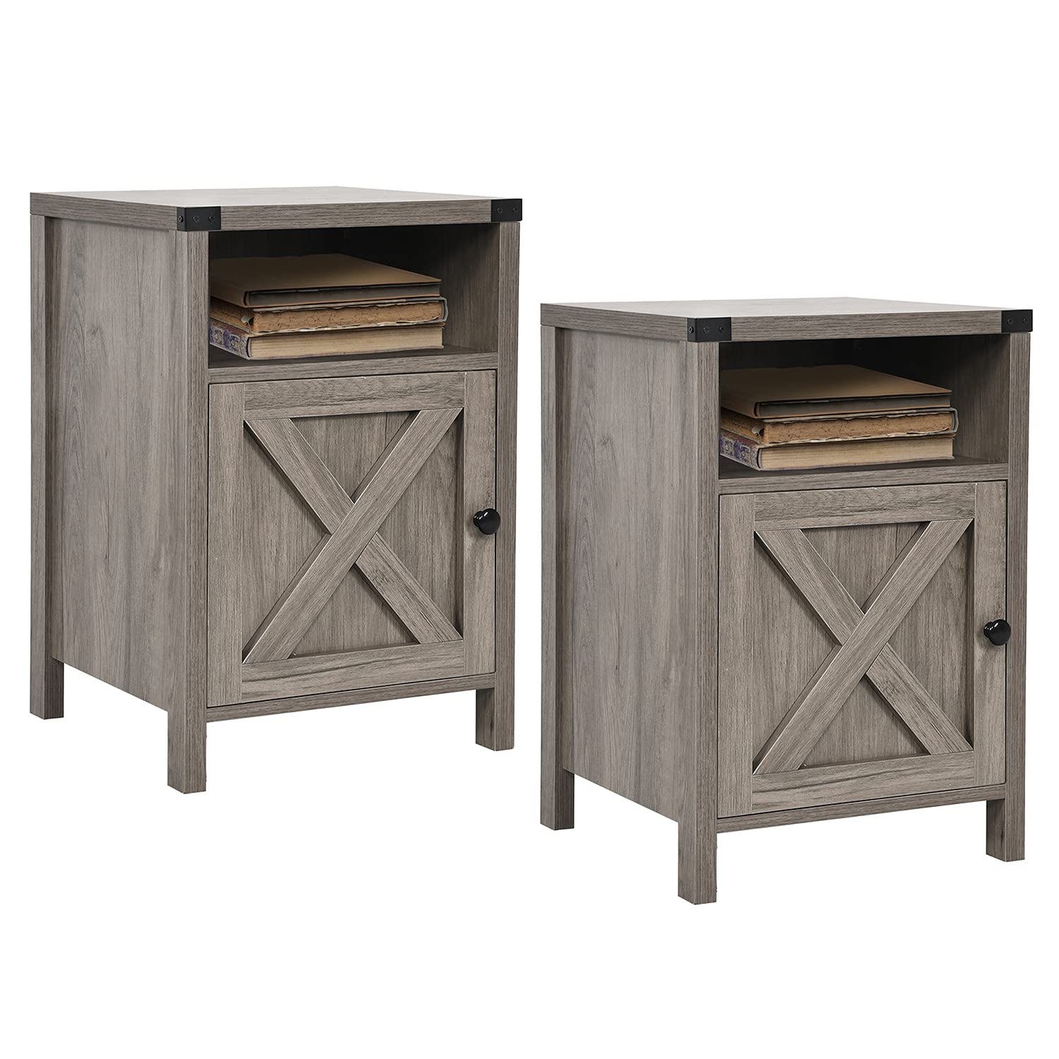 Rustic Gray Farmhouse Nightstand Set of 2 - Modern Barn Door End Table with Shelf for Bedroom & Living Room - Perfect for Small Spaces, Guest Rooms & Cozy Home Decor
