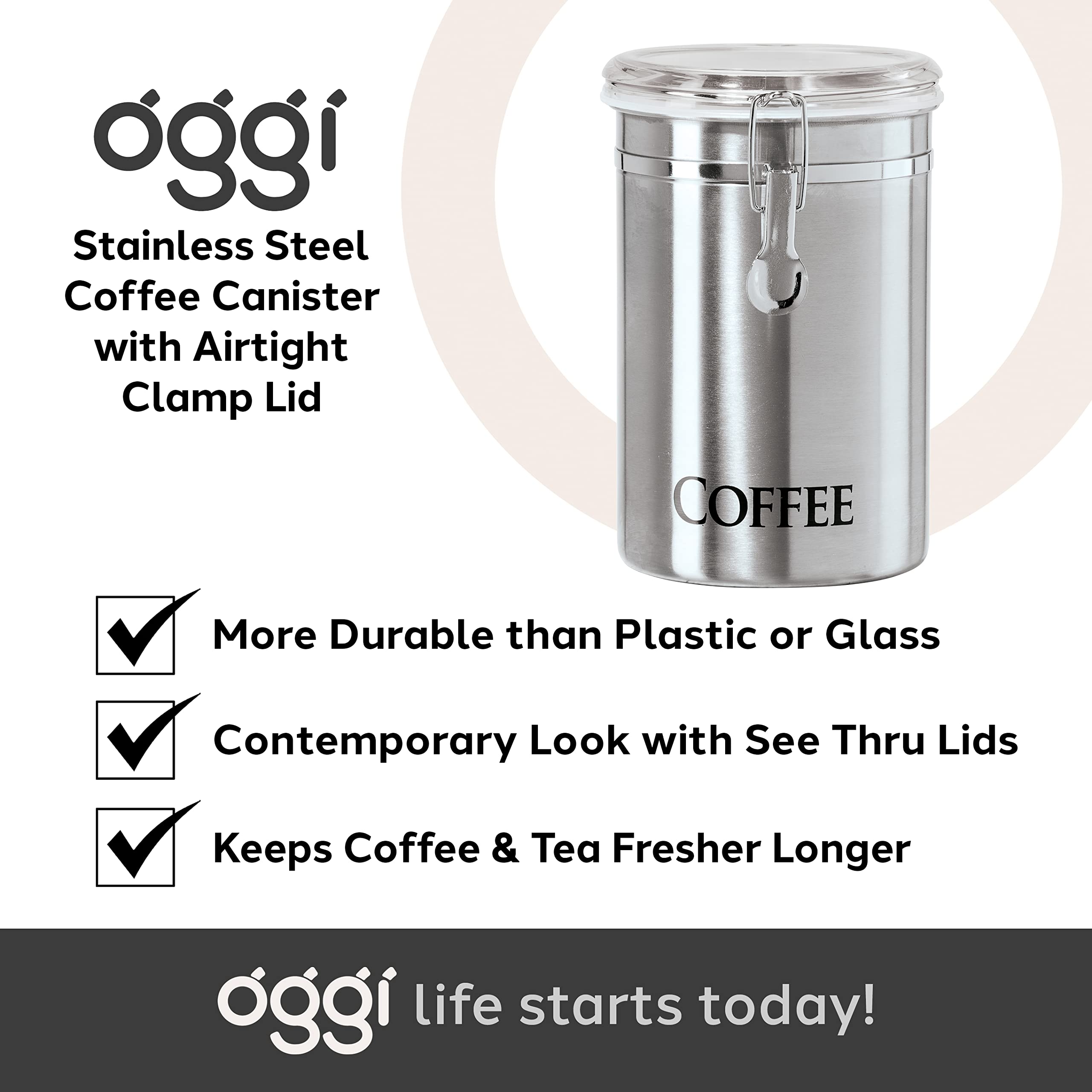 Oggi 62 oz Airtight Stainless Steel Coffee Canister with Clear Lid - Perfect for Coffee Beans, Ground Coffee & Kitchen Pantry Storage (5