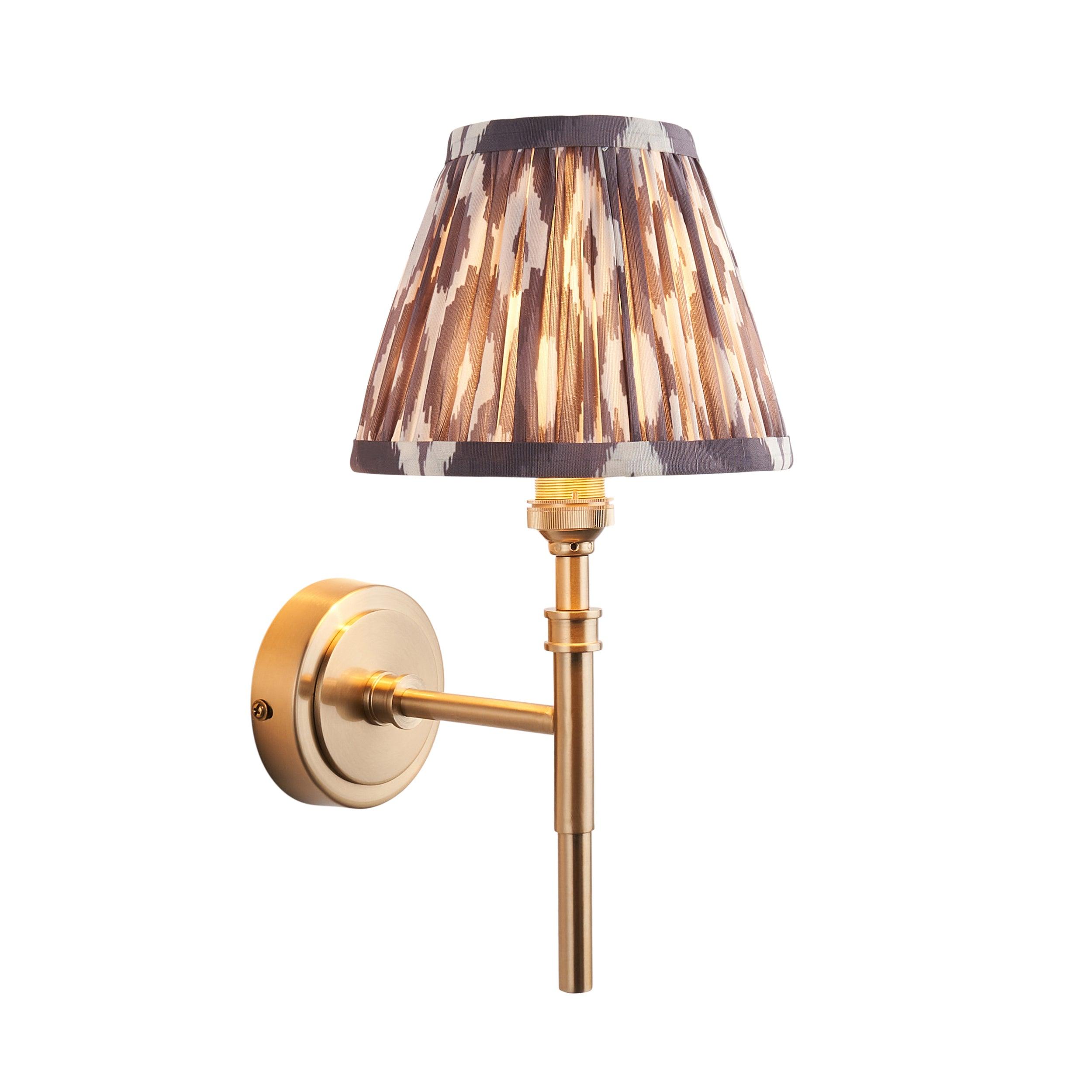 Chester Brass Wall Light with Pearl Ikat 16cm Shade - Vintage Style Sconce for Bedroom, Hallway & Living Room Lighting