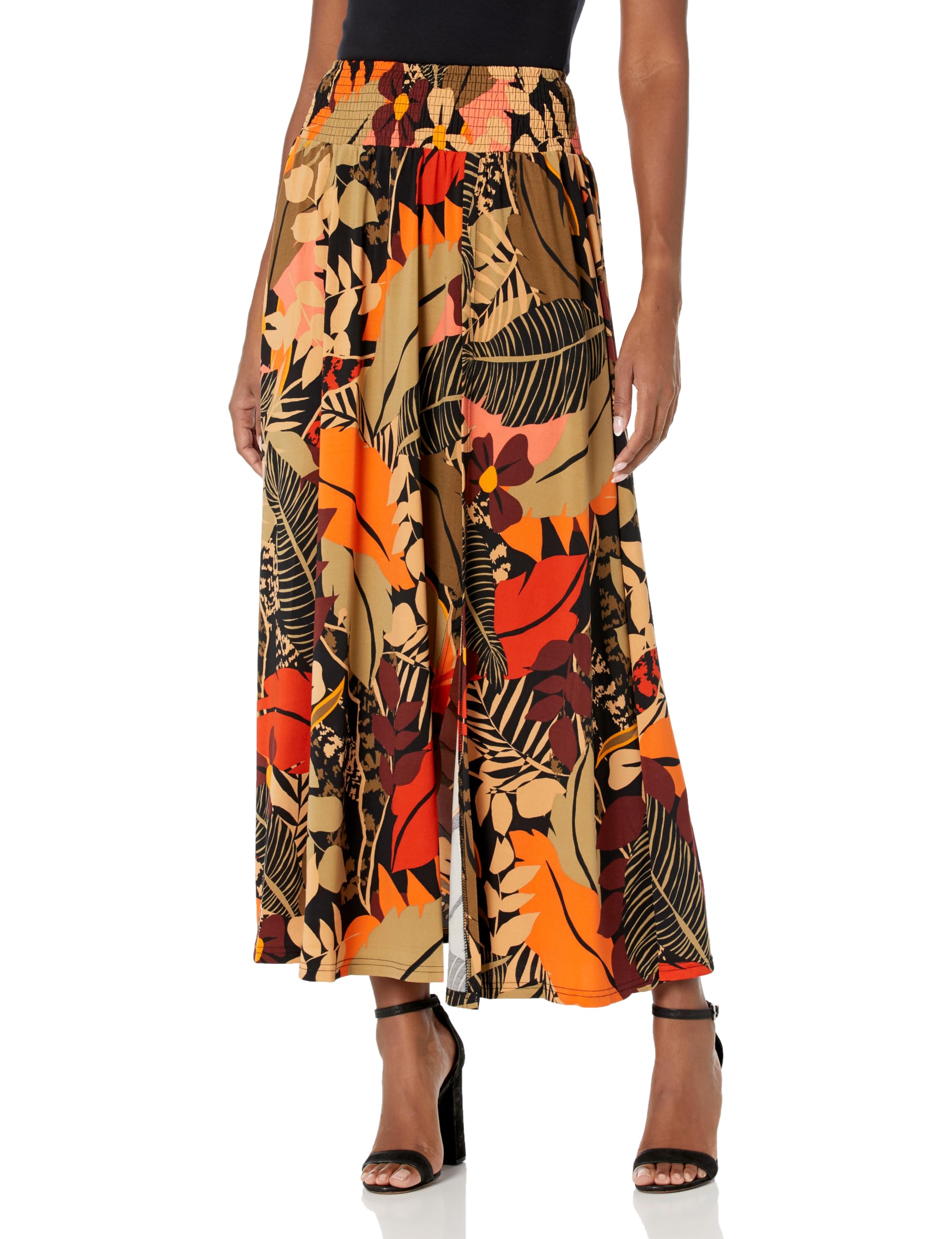 Angie Women's Smocked Waist Overlap Slit Maxi Skirt - Flowy Summer Beach Dress for Vacation, Date Night & Boho Outfits