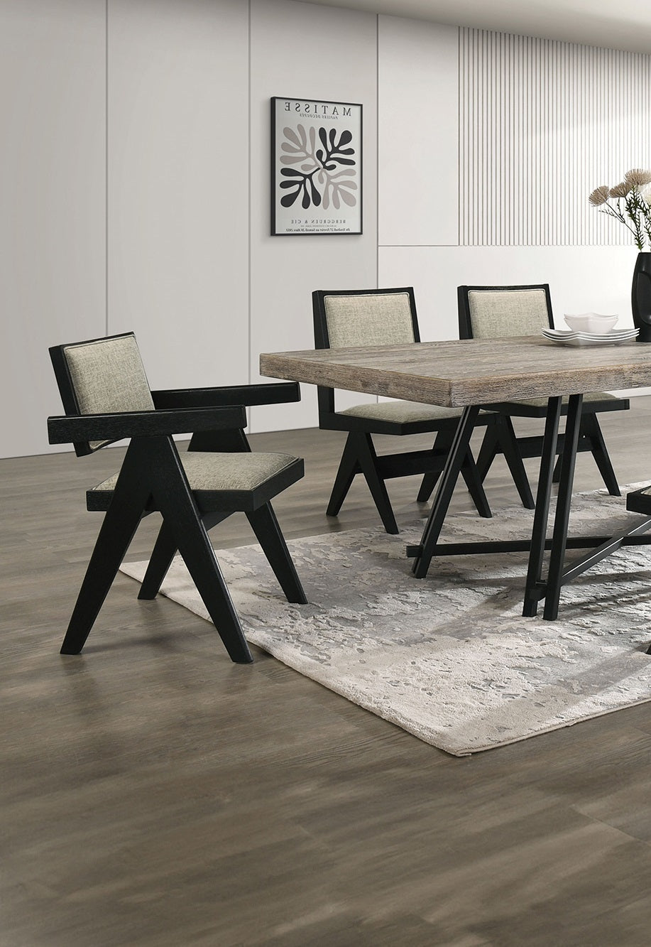 Modern Black 2-Piece Dining Arm Chairs with Light Gray Fabric Upholstery and Plank Arms - Elegant Dining Room Seating for Home, Restaurant, or Cafe