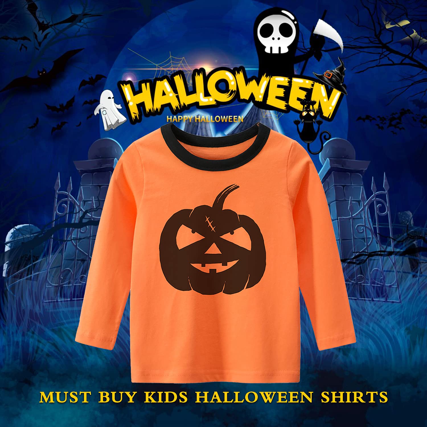 Halloween Pumpkin Face Long Sleeve T-Shirt for Kids - Boys & Girls Toddler Costume Shirt for Trick or Treat, School Party & Family Photo Outfits