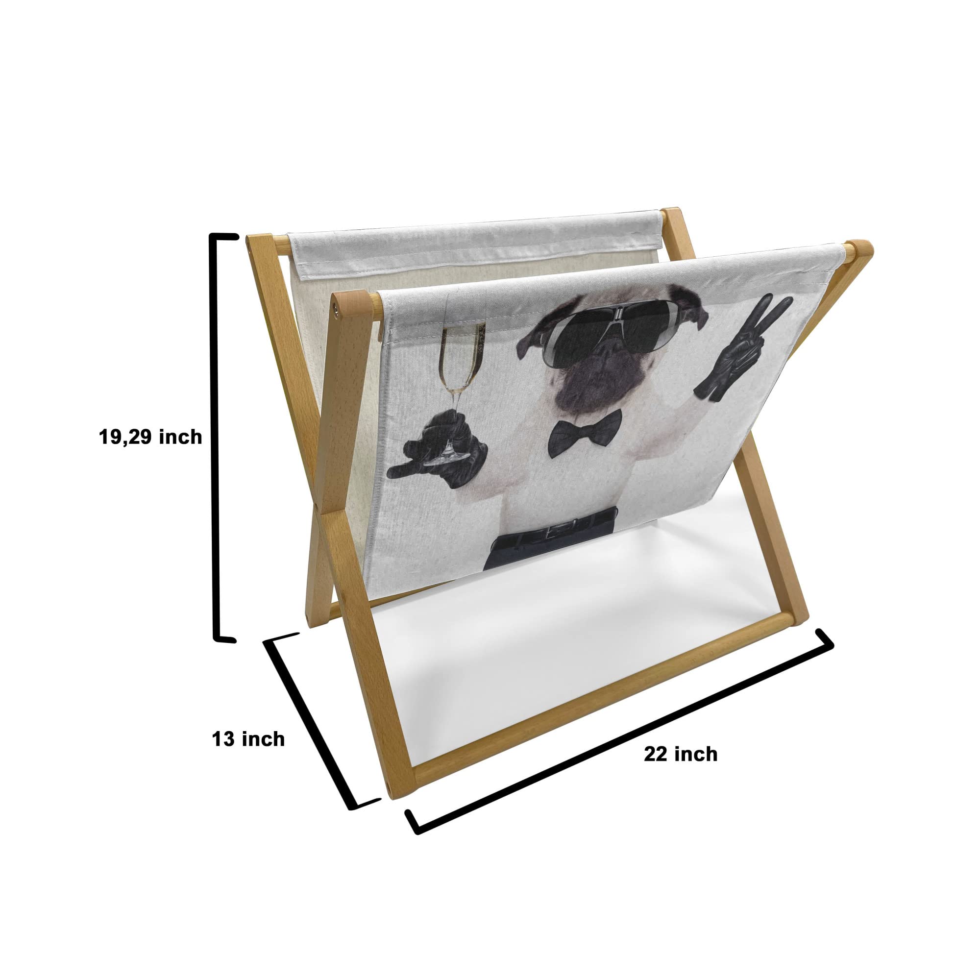 Ambesonne Pug Magazine & Book Holder - Dog-Themed Floor Rack Organizer with Champagne Glass & Peace Sign Design, 22x19 Inches, Black White Cream - Perfect for Office, Home & School Decor, Gift for Dog Lovers