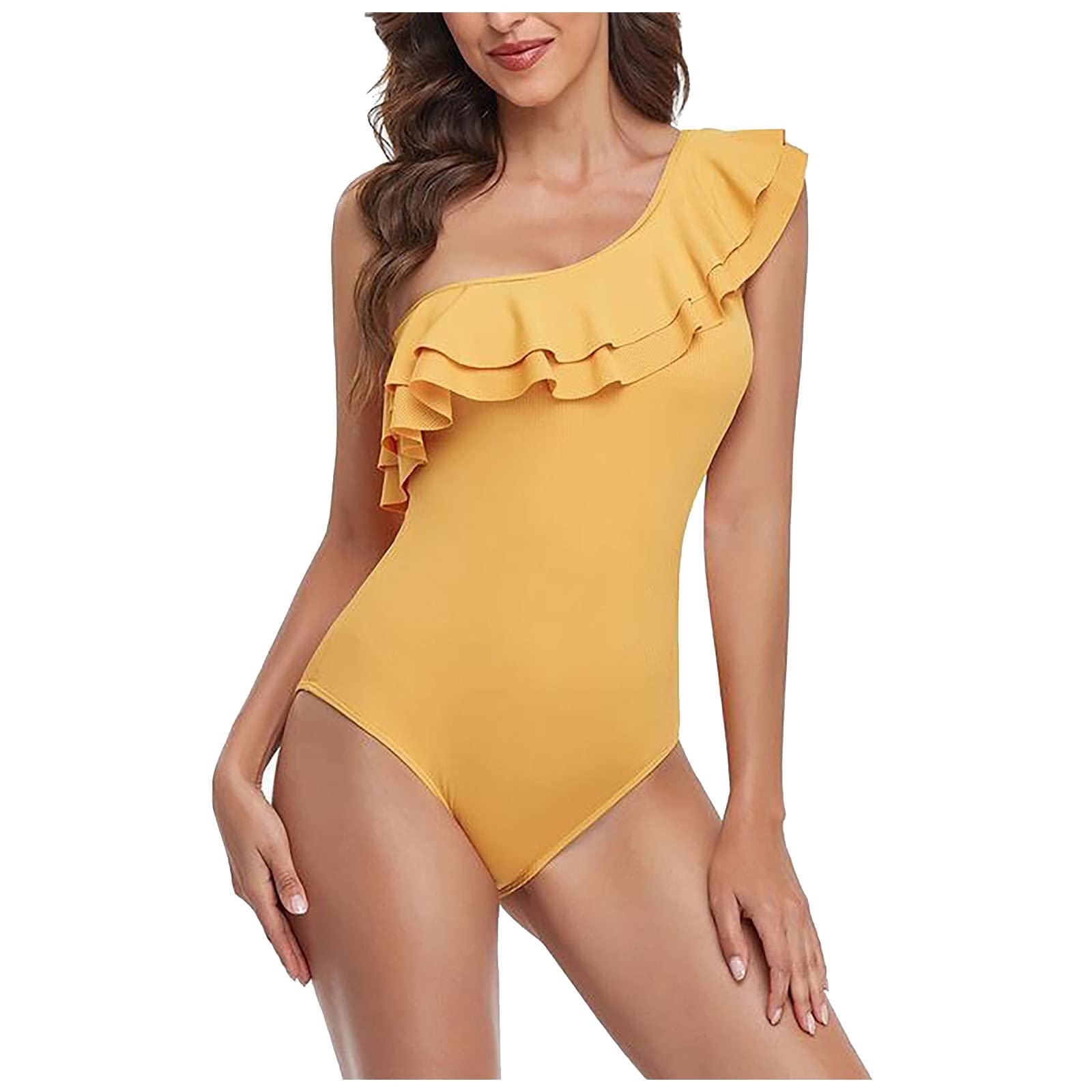 Women's One Shoulder Asymmetric Monokini Swimsuit - Ruffle Detail Solid Color Bathing Suit for Beach, Pool, Vacation & Summer Swimwear