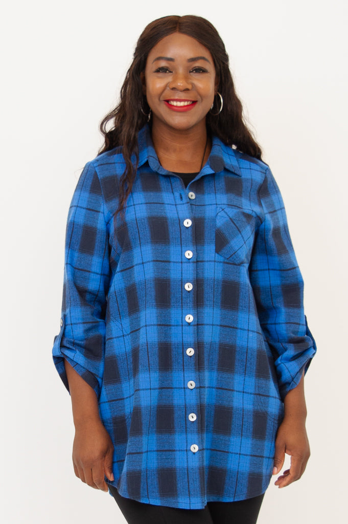 Celine Women's Cotton Tunic Top - Neptune Plaid Print, Casual Long Blouse for Work, Office & Everyday Wear