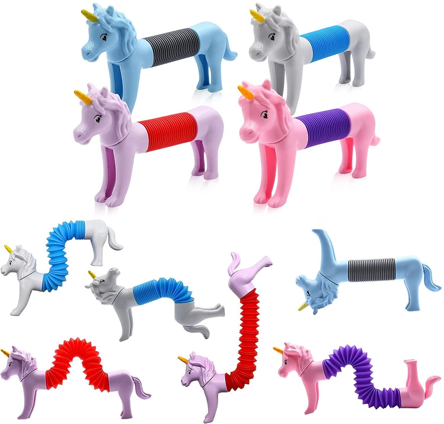4Packs Animal Pop Tube Fidget Toys - Sensory Stress Relief Toys for Kids Ages 1-12 (Unicorn, Dog & More) - Perfect for Classroom, Travel & Autism Therapy