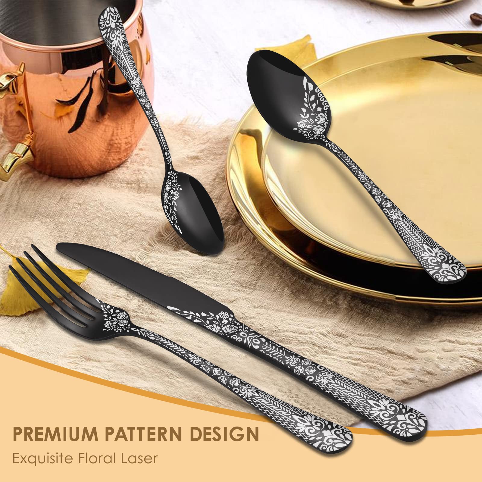 EUIRIO 36-Piece Black Silverware Set with Steak Knives - 6-Person Stainless Steel Mirror Cutlery Set with Unique Floral Laser Design (Spoons, Forks, Knives) - Dishwasher Safe Flatware for Everyday Dining, Dinner Parties & Restaurant Use