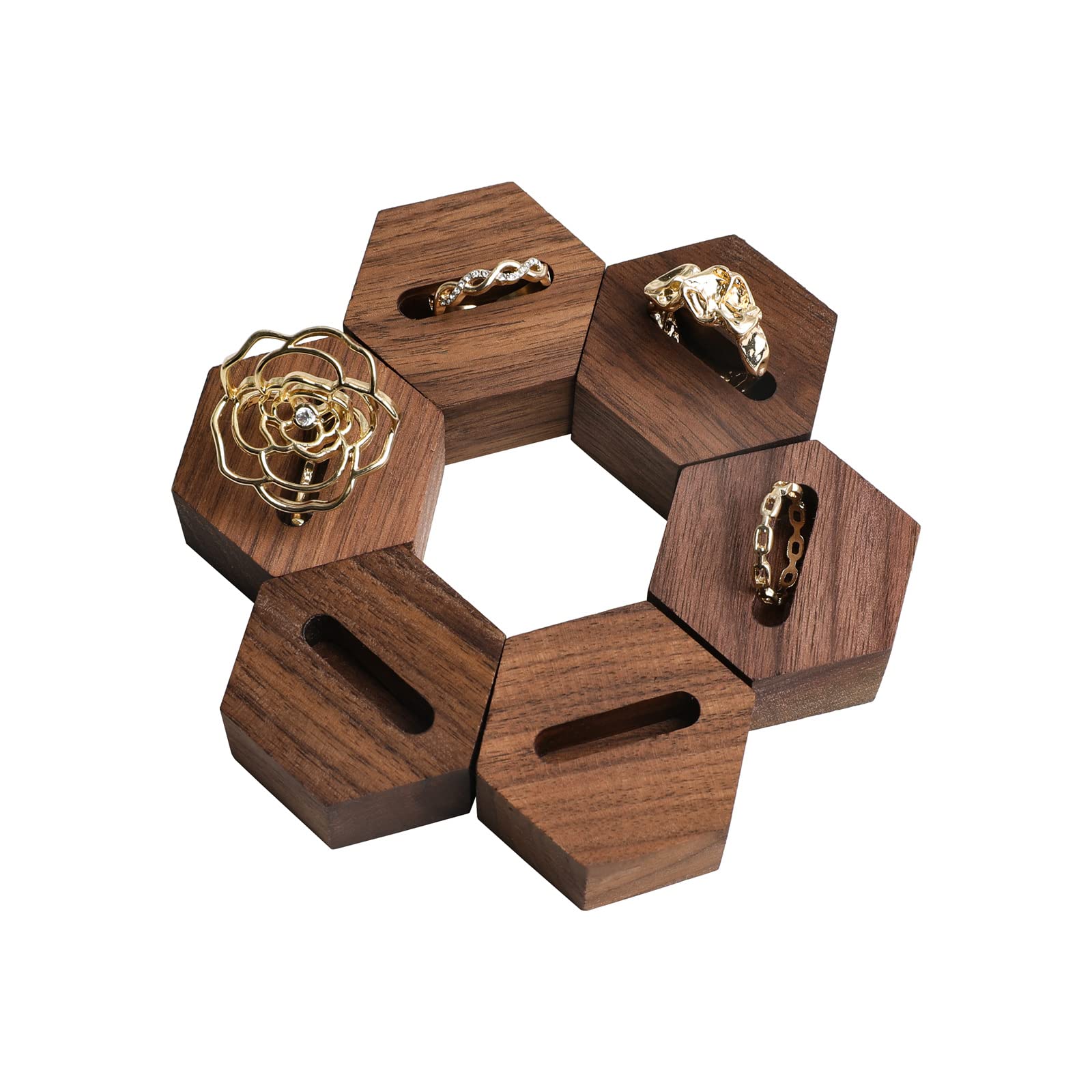 GemeShou 6-Piece Wooden Jewelry Ring Organizer Set - Hexagon Ring Display Stand with Slots, Walnut Ring Holder Tray for Women's Jewelry Storage & Room Decor - Perfect for Bedroom Vanity, Boutique Displays & Gift Giving