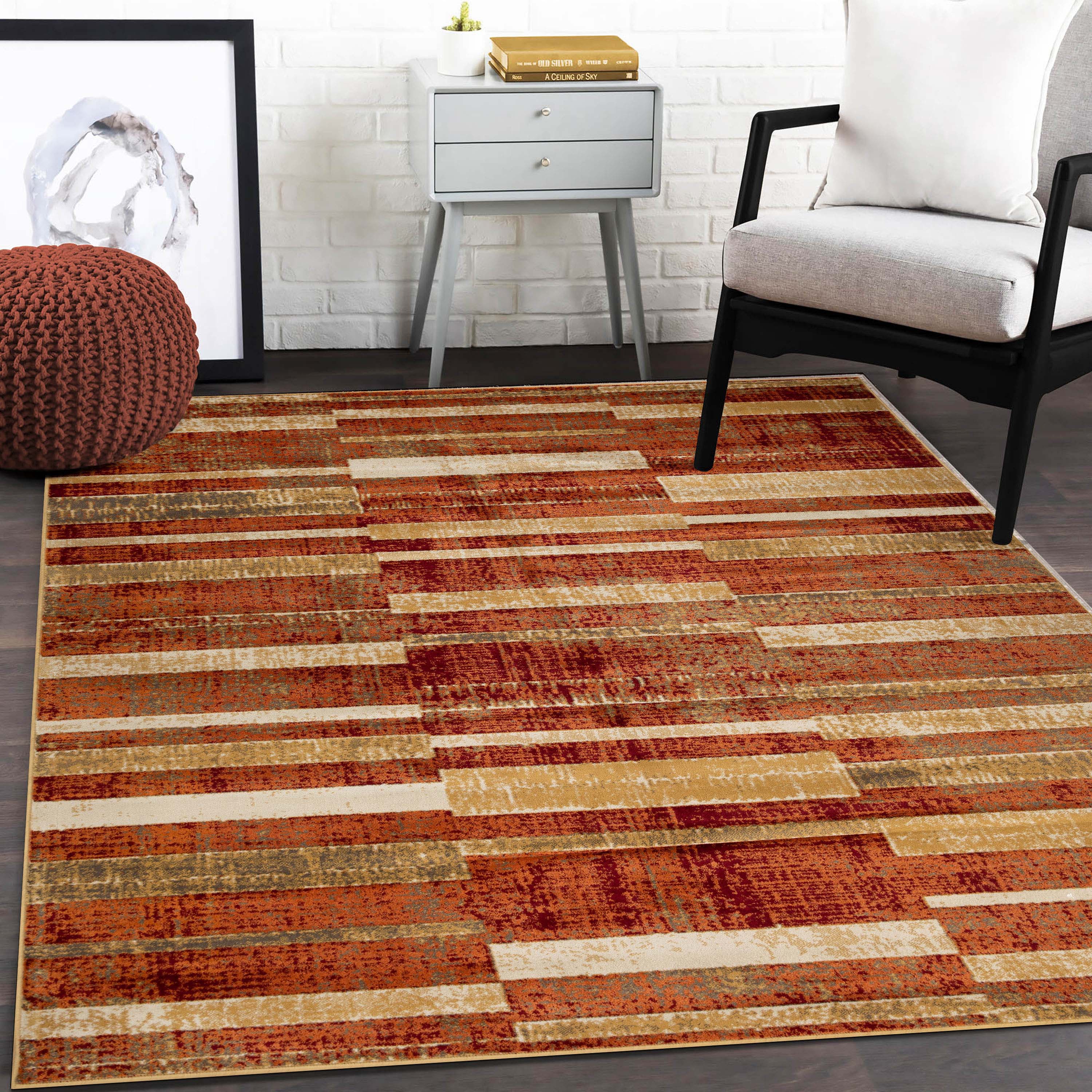 Radko Modern Striped Indoor Area Rug or Runner - Soft Non-Slip Living Room Carpet for Bedroom, Hallway & Home Decor