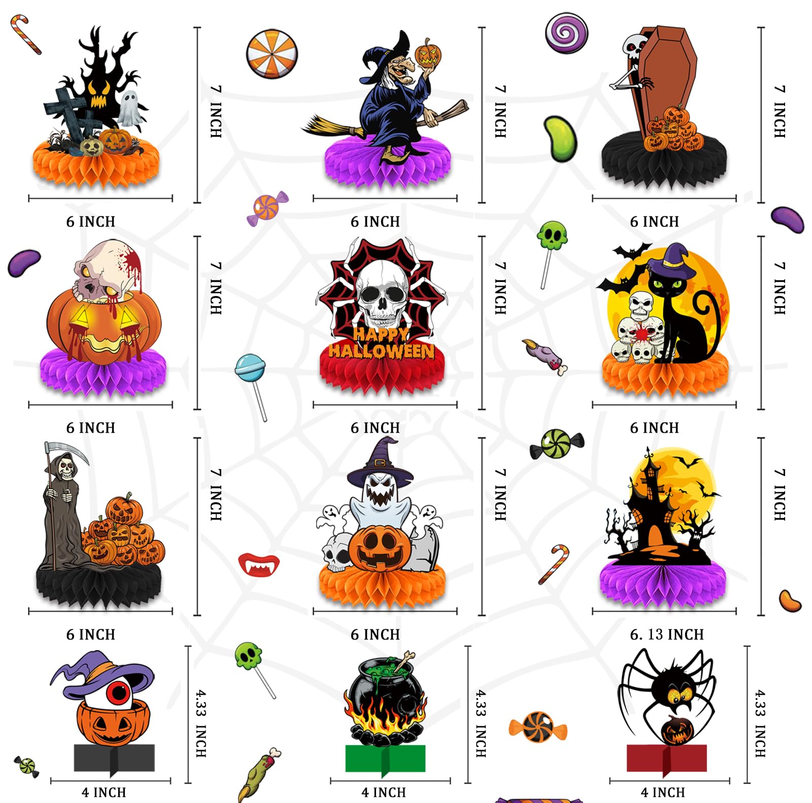 12pcs Halloween Honeycomb Centerpieces - Black Orange Bloody Table Decorations for Party Supplies | Spooky Table Toppers & Sign Decor for Halloween Home, Office & Classroom Decorations