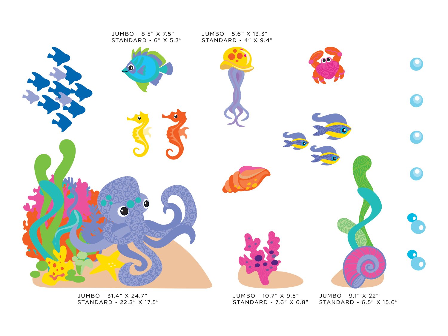 Ocean Fabric Wall Decal Set - Underwater Sea Theme with Fish, Octopus & Seahorses | Reusable & Repositionable Jumbo Wall Stickers for Kids' Room, Nursery & Classroom Decor