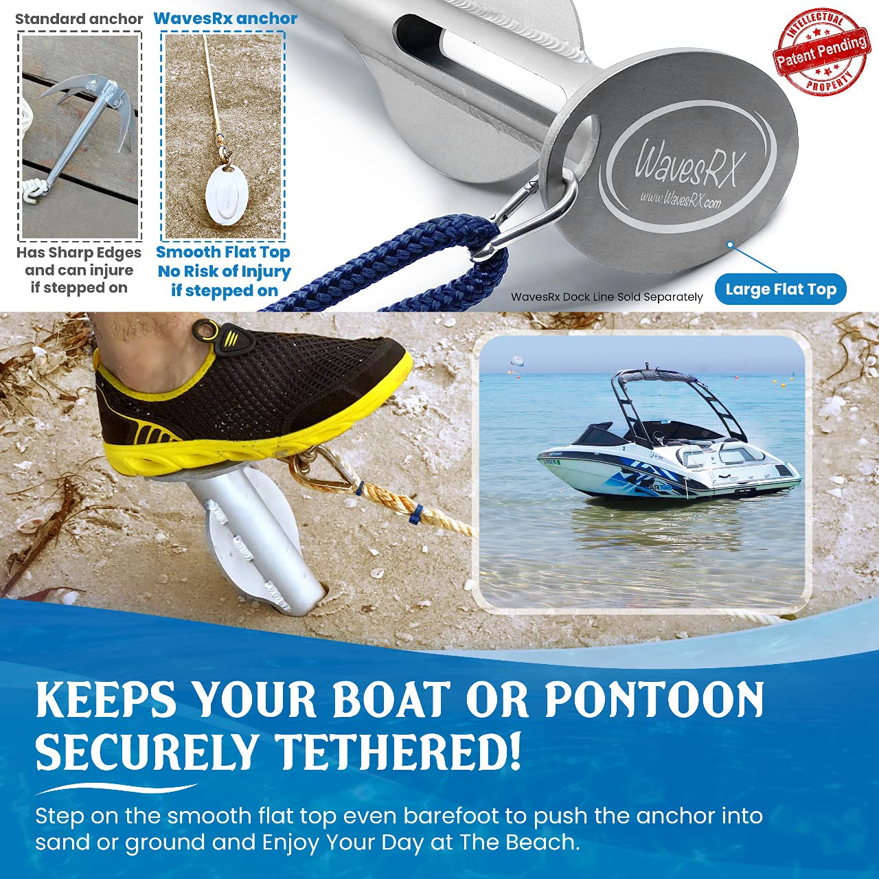 Aluminum Sand Anchor with 14' Bungee Line - Secure Watercraft Anchoring for Boats, Pontoons & Jet Skis Near Beach or Sandbar | Perfect for Shallow Water & PWC Use