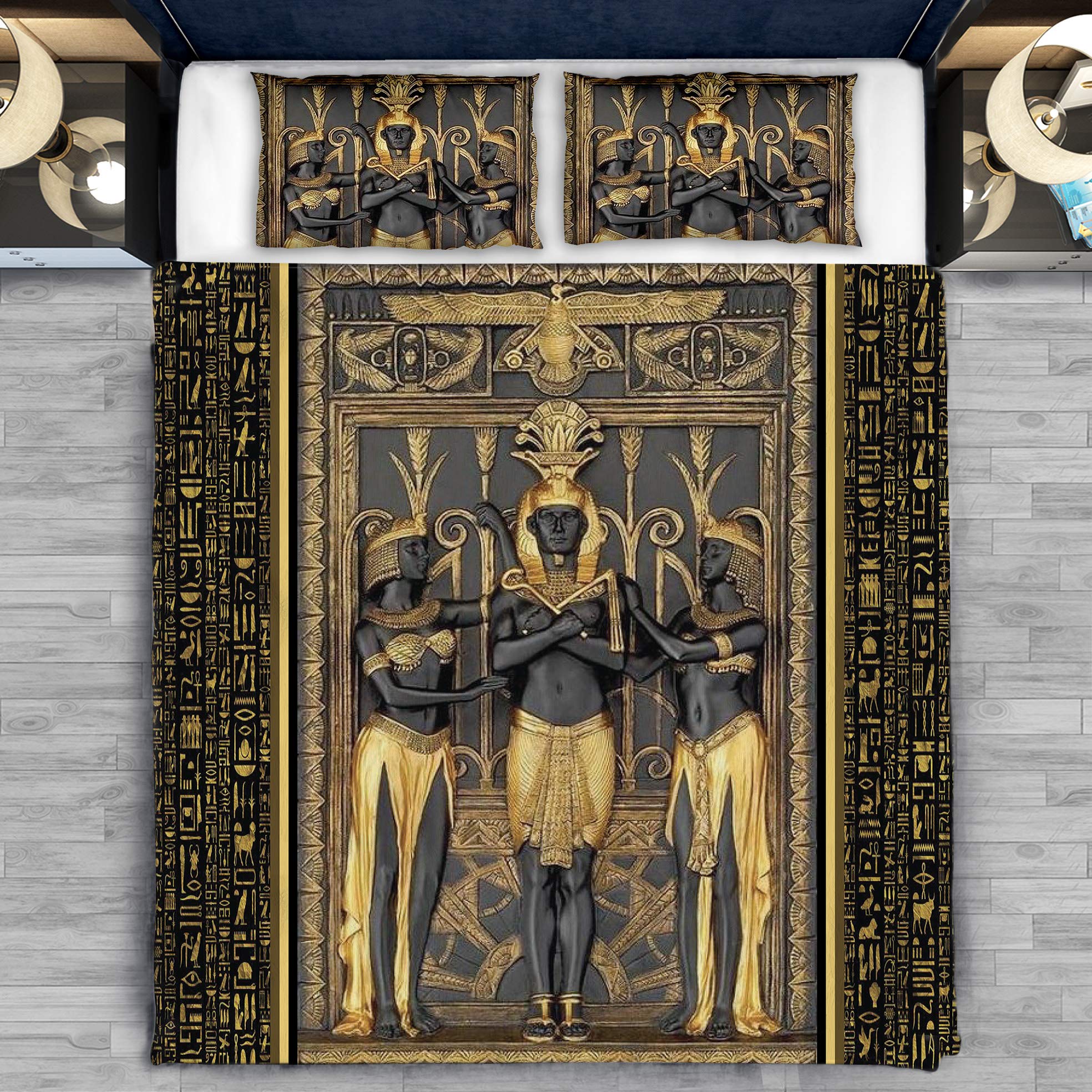 Ancient Egyptian Goddess Bedding Set - 3/4 Piece Personalized Duvet Cover, Pillowcase & Flat Sheet - Twin/Full/Queen/King Size - Luxury Egyptian Themed Bedroom Decor for Home & Hotel Use