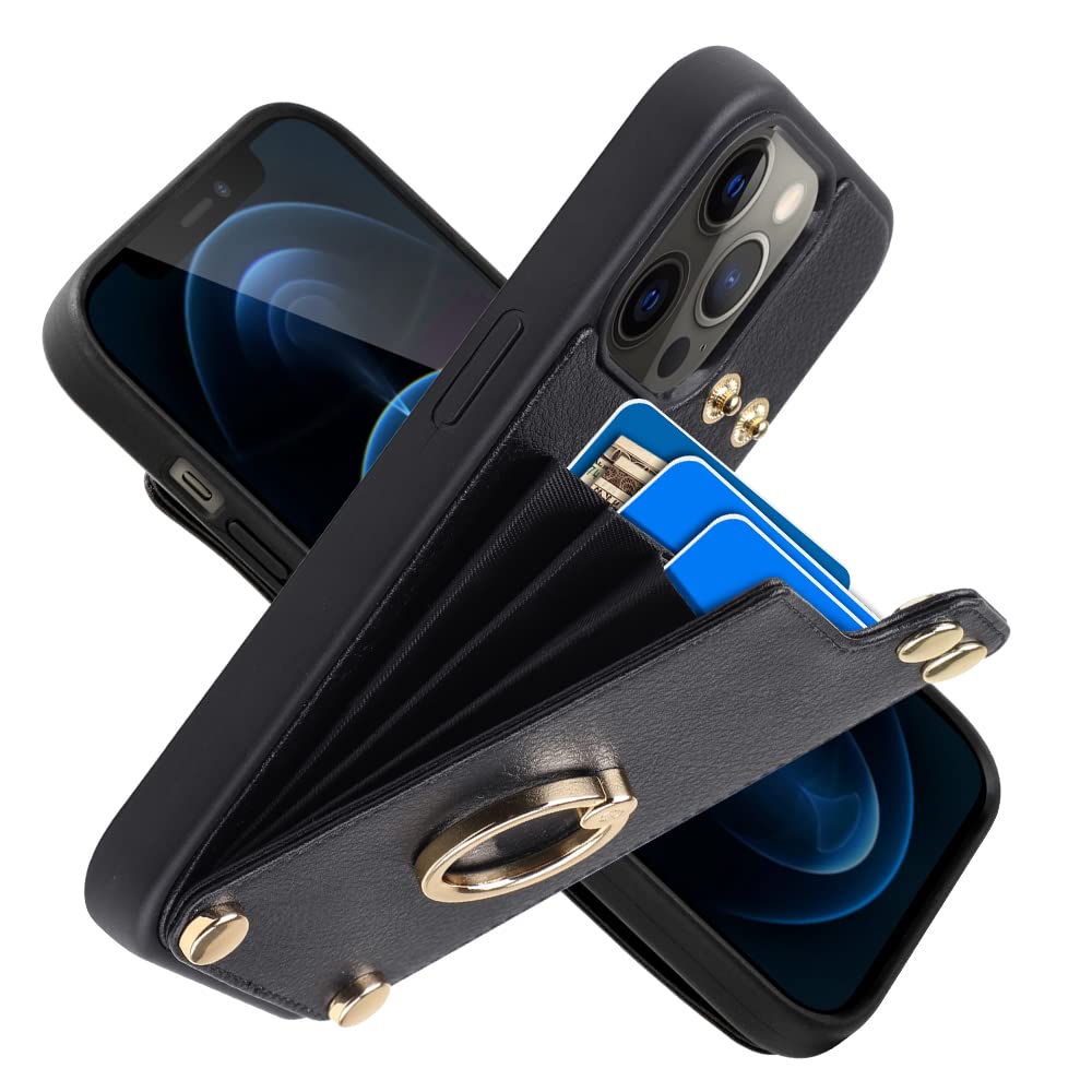 LAMEEKU iPhone 12 Pro Max Wallet Case with Card Holder - 360° Rotating Ring Kickstand & Protective Bumper - Premium Leather Cover for Women & Men (6.7 Inch, Black) - Perfect for Hands-Free Viewing, Secure Card Storage & Everyday Protection