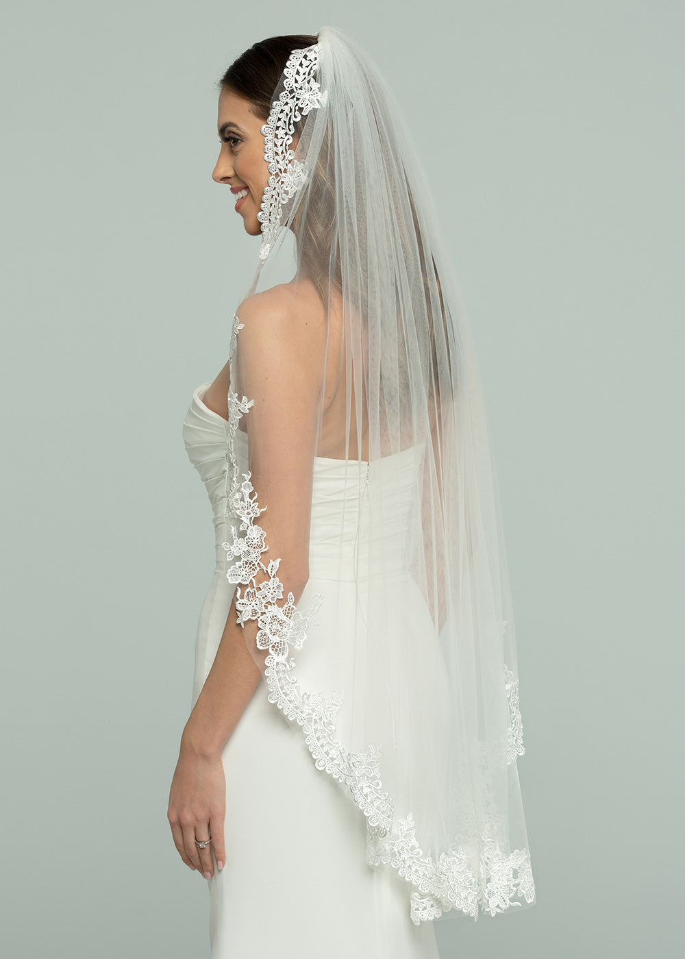 Elegant V1006 Fingertip Veil with Delicate Lace Appliques - Perfect for Weddings, Bridal Showers & Formal Events